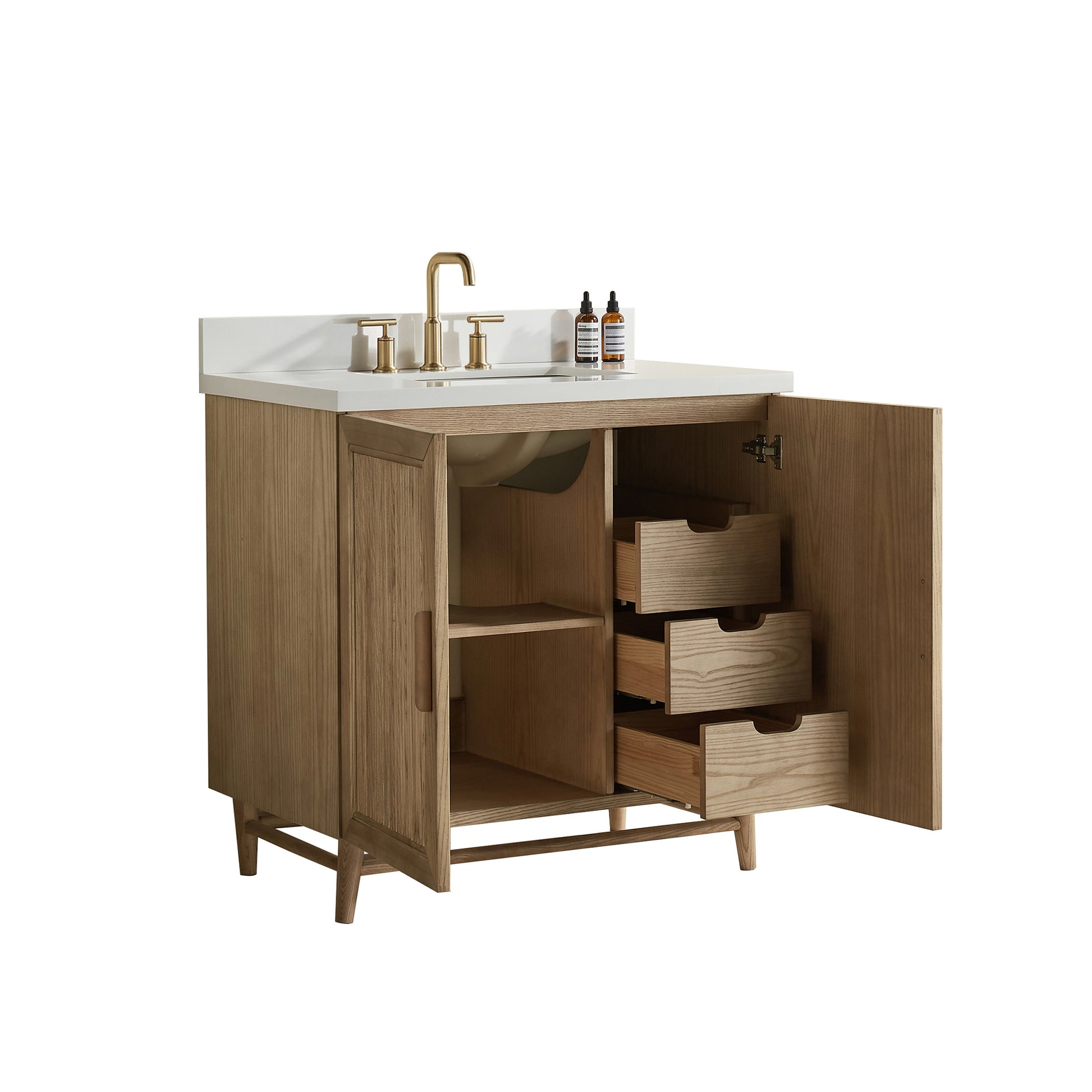 Fully Assembled 36''/48"/60"  Light Coffee Freestanding Single Sink Bathroom Vanity with Solid Wood Construction and Engineered White Top