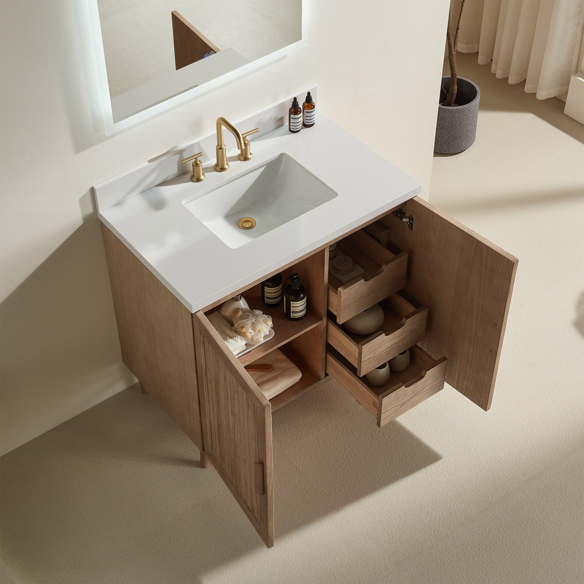 Fully Assembled 36''/48"/60"  Light Coffee Freestanding Single Sink Bathroom Vanity with Solid Wood Construction and Engineered White Top