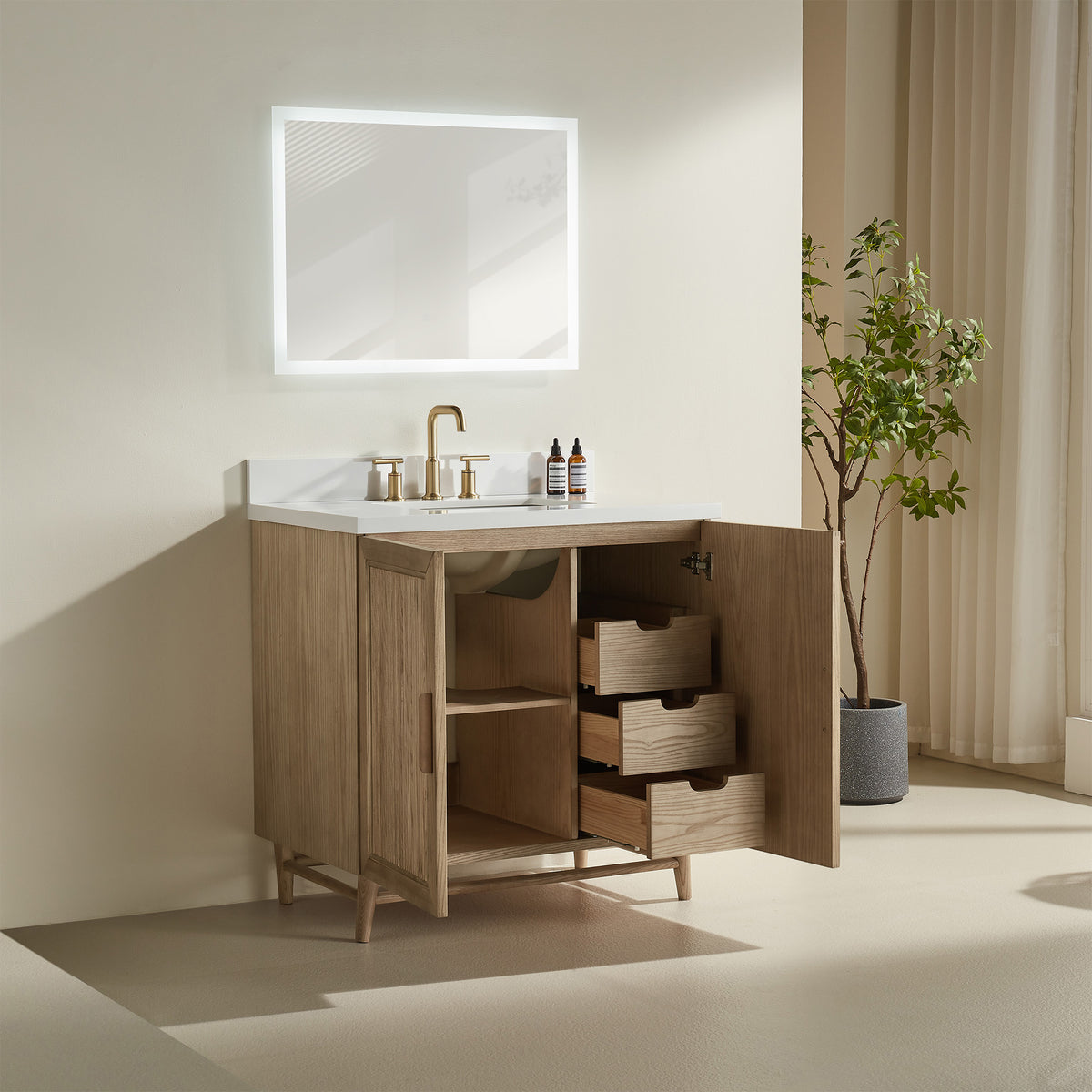 Fully Assembled 36''/48"/60"  Light Coffee Freestanding Single Sink Bathroom Vanity with Solid Wood Construction and Engineered White Top