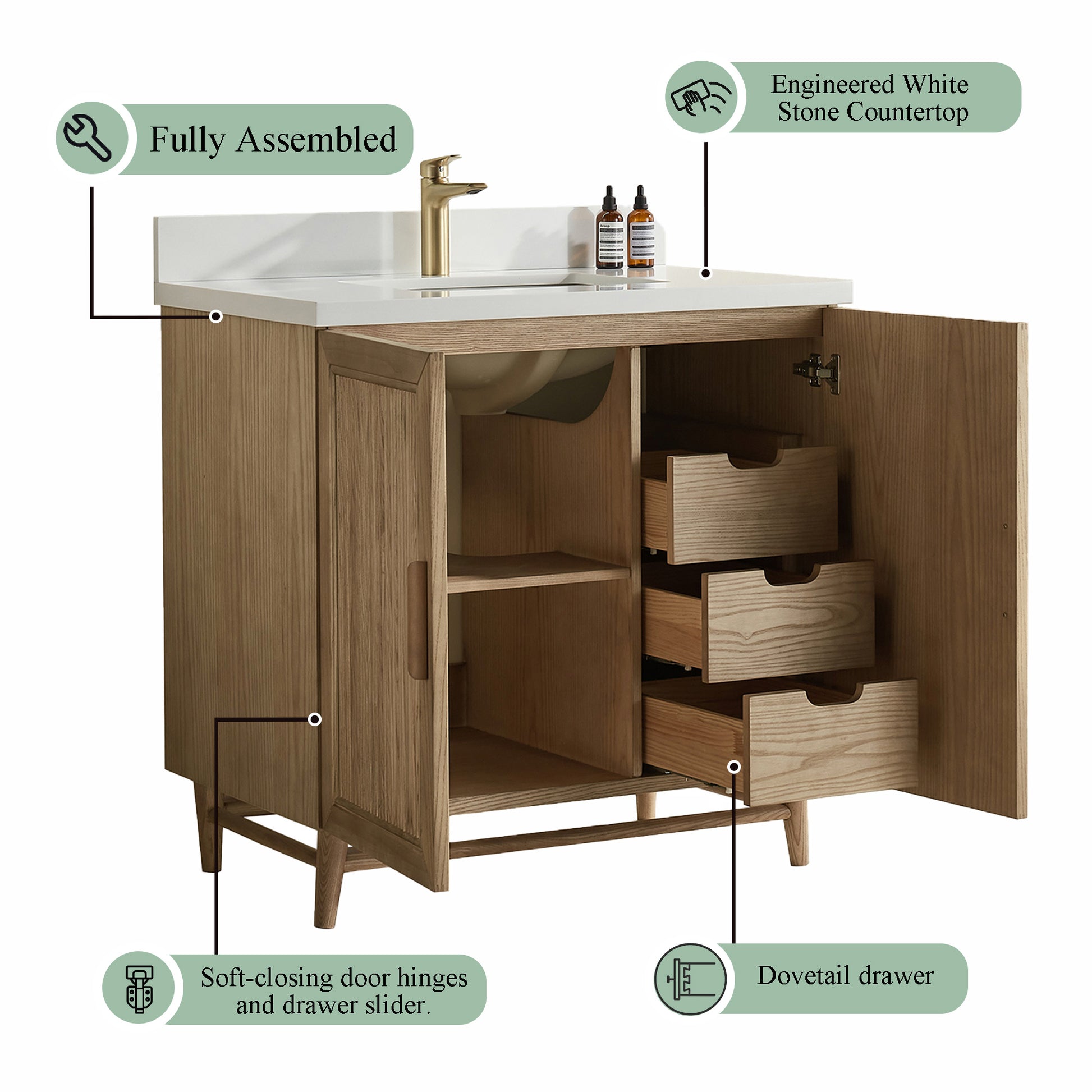 Fully Assembled 36''/48"/60"  Light Coffee Freestanding Single Sink Bathroom Vanity with Solid Wood Construction and Engineered White Top