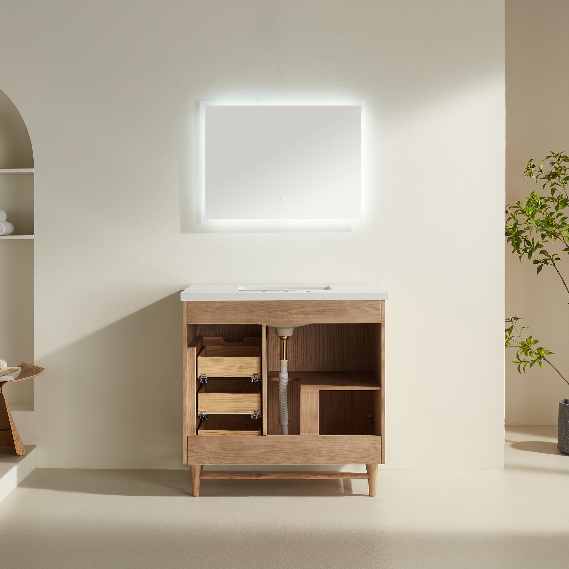 Fully Assembled 36''/48"/60"  Light Coffee Freestanding Single Sink Bathroom Vanity with Solid Wood Construction and Engineered White Top
