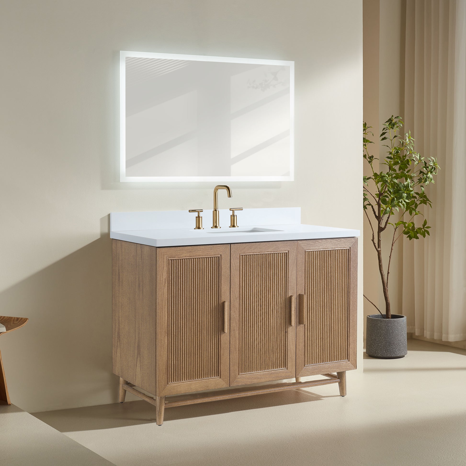 Fully Assembled 36''/48"/60"  Light Coffee Freestanding Single Sink Bathroom Vanity with Solid Wood Construction and Engineered White Top