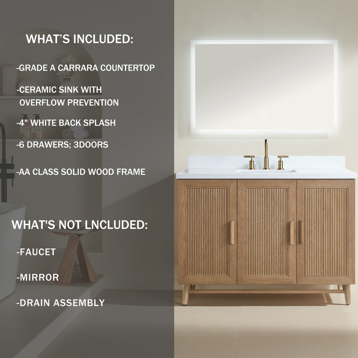 Fully Assembled 36''/48"/60"  Light Coffee Freestanding Single Sink Bathroom Vanity with Solid Wood Construction and Engineered White Top