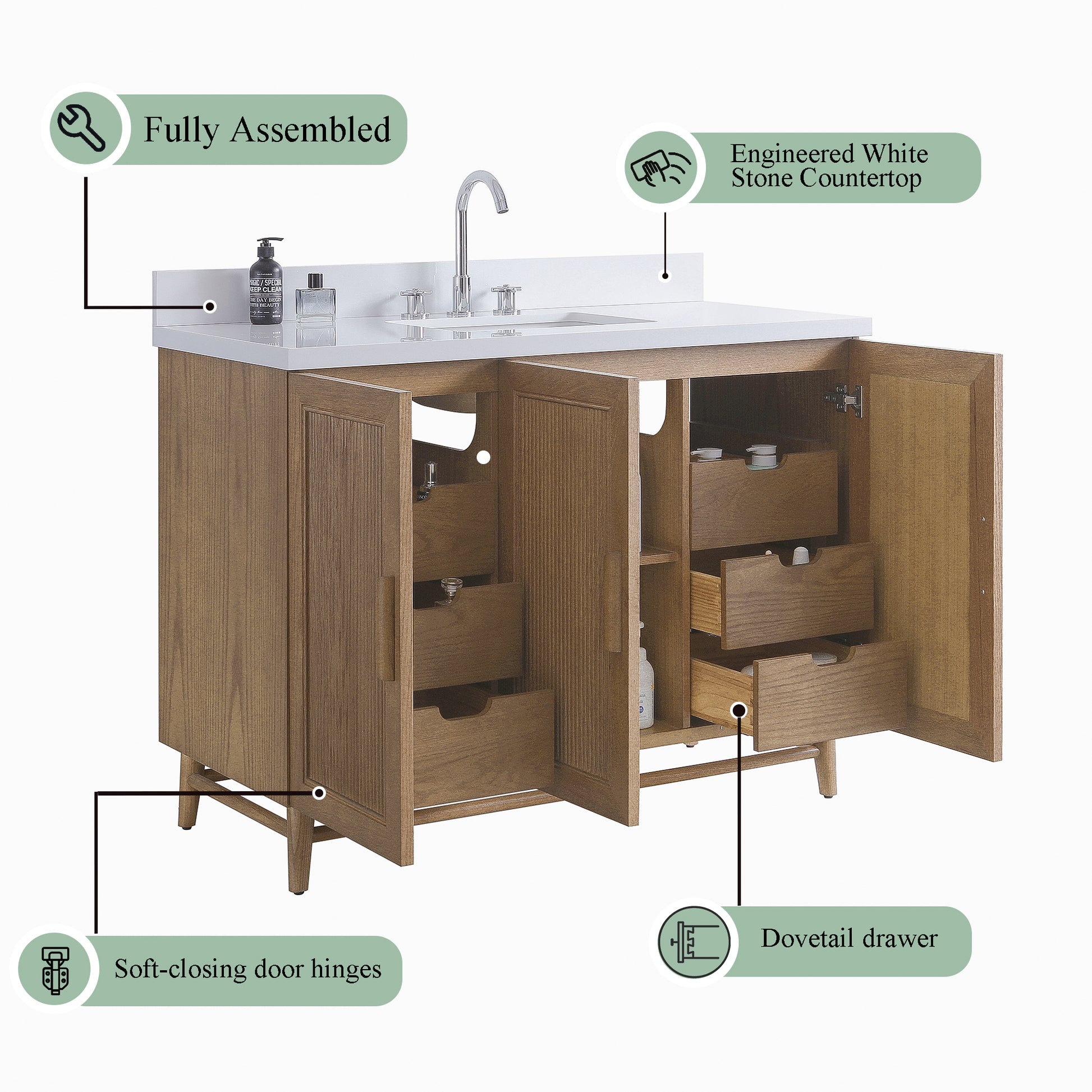 Fully Assembled 36''/48"/60"  Light Coffee Freestanding Single Sink Bathroom Vanity with Solid Wood Construction and Engineered White Top