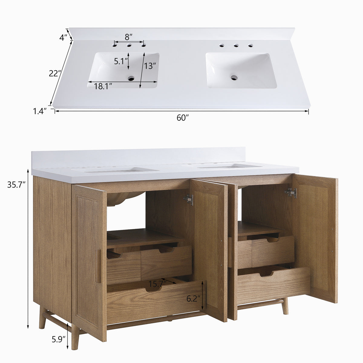 Fully Assembled 36''/48"/60"  Light Coffee Freestanding Single Sink Bathroom Vanity with Solid Wood Construction and Engineered White Top
