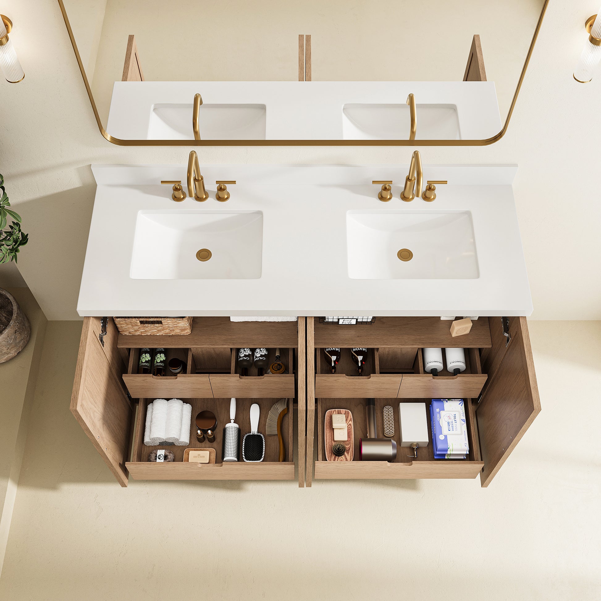 Fully Assembled 36''/48"/60"  Light Coffee Freestanding Single Sink Bathroom Vanity with Solid Wood Construction and Engineered White Top