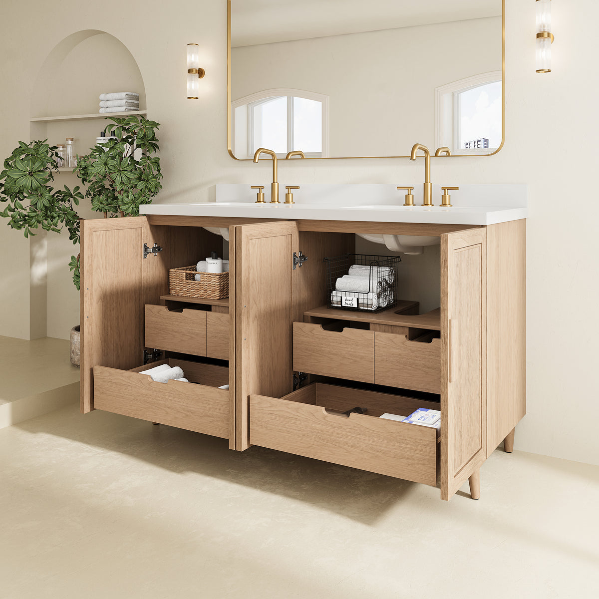 Fully Assembled 36''/48"/60"  Light Coffee Freestanding Single Sink Bathroom Vanity with Solid Wood Construction and Engineered White Top