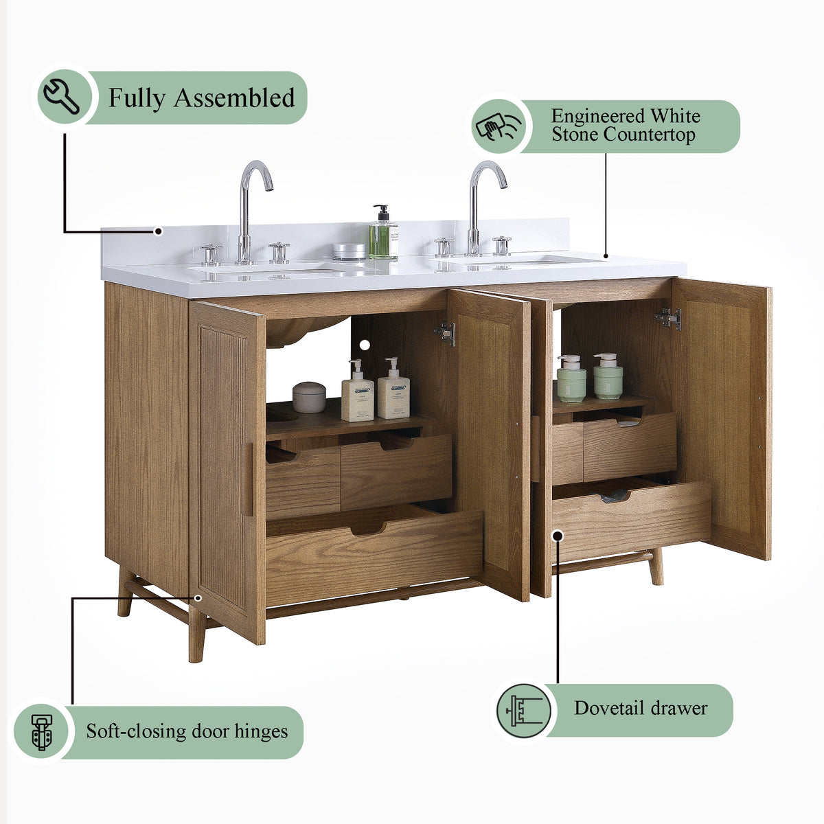 Fully Assembled 36''/48"/60"  Light Coffee Freestanding Single Sink Bathroom Vanity with Solid Wood Construction and Engineered White Top