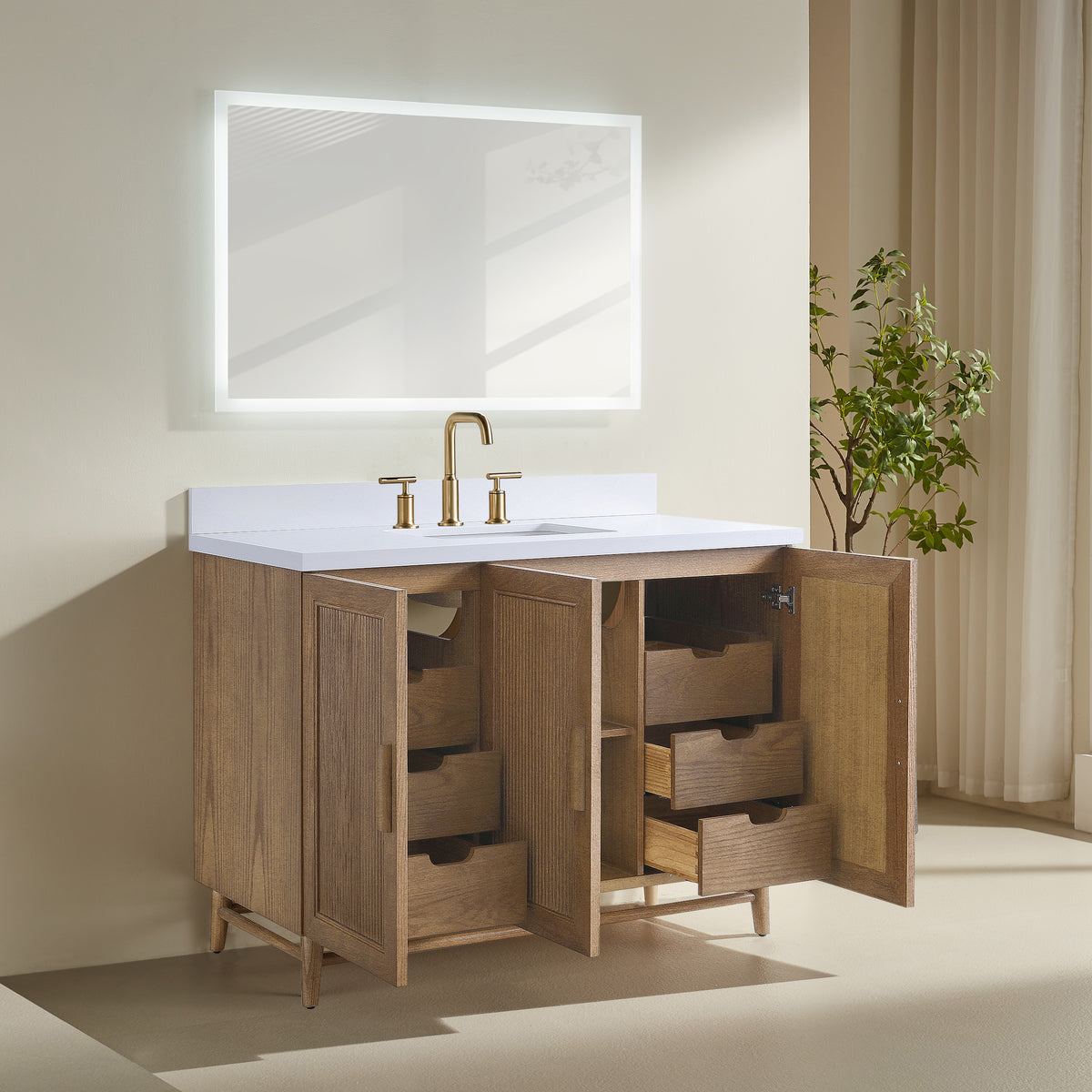 Fully Assembled 36''/48"/60"  Light Coffee Freestanding Single Sink Bathroom Vanity with Solid Wood Construction and Engineered White Top