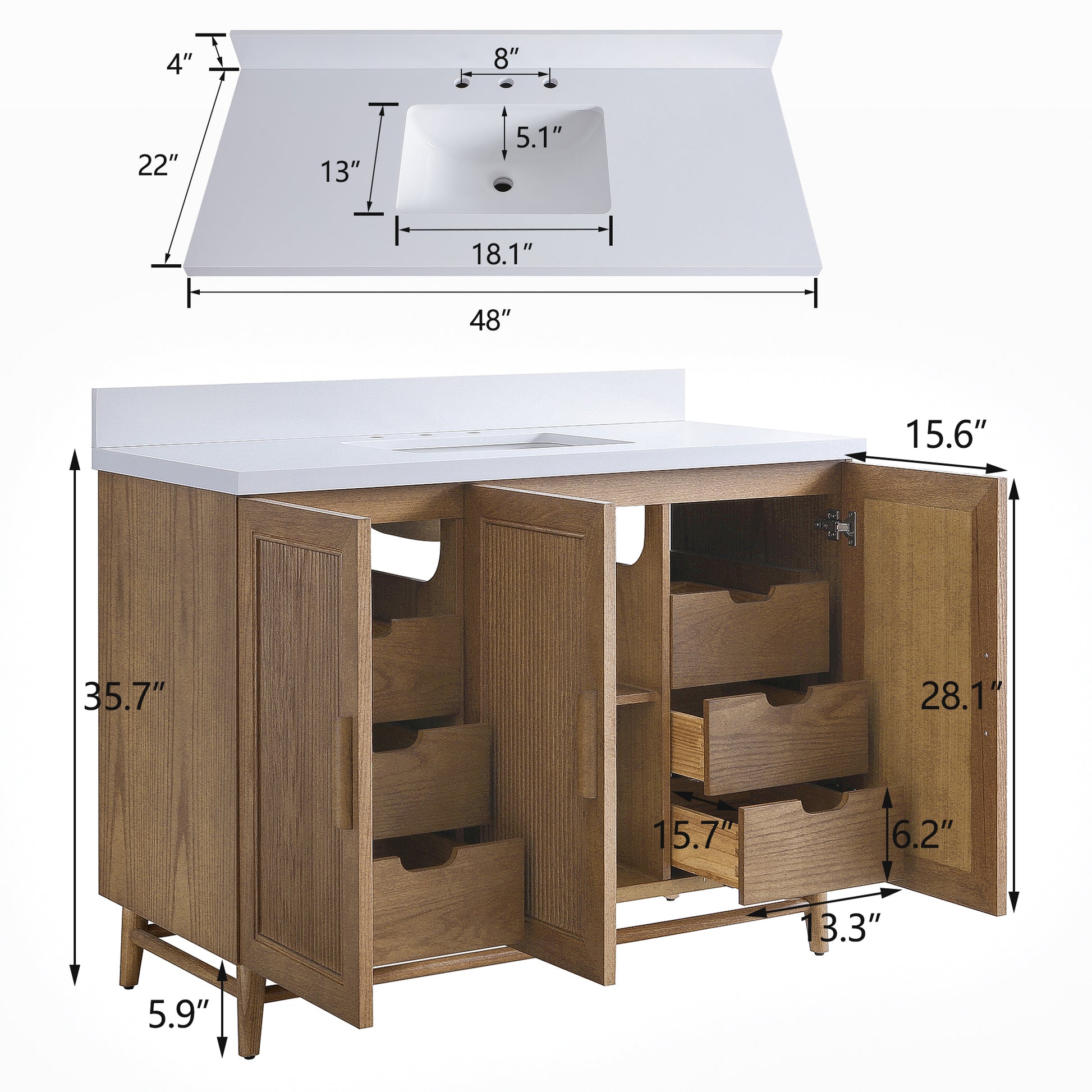 Fully Assembled 36''/48"/60"  Light Coffee Freestanding Single Sink Bathroom Vanity with Solid Wood Construction and Engineered White Top