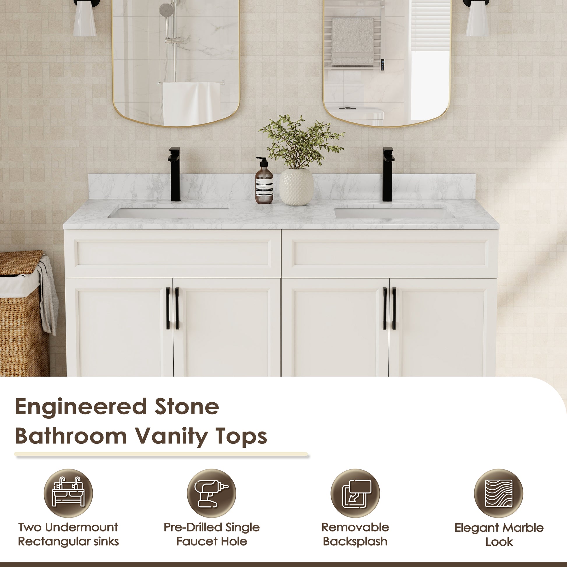 60" Bathroom Vanity Top with Double Sinks and Backsplash