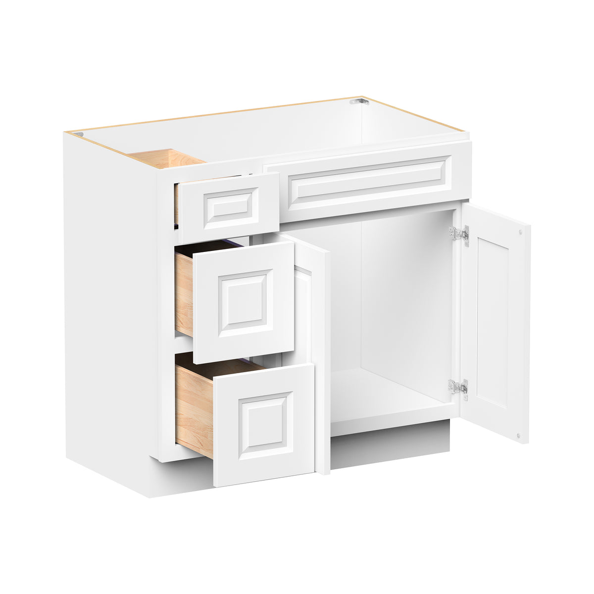 Glacier White RTA 36"W x 21"D x 34.5"H Vanity Base Cabinet with 2 Doors and 2 Left Drawers