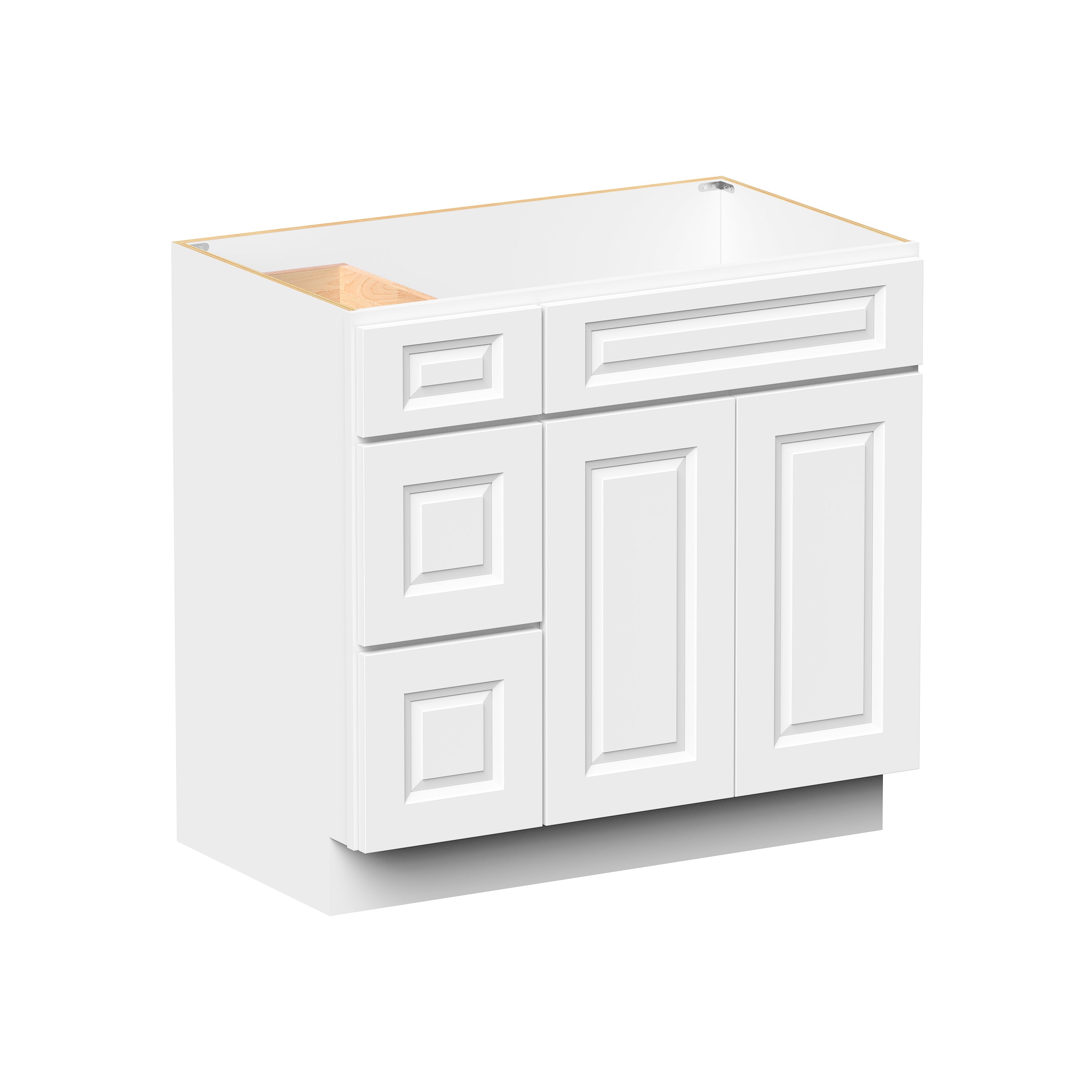 Glacier White RTA 36"W x 21"D x 34.5"H Vanity Base Cabinet with 2 Doors and 2 Left Drawers