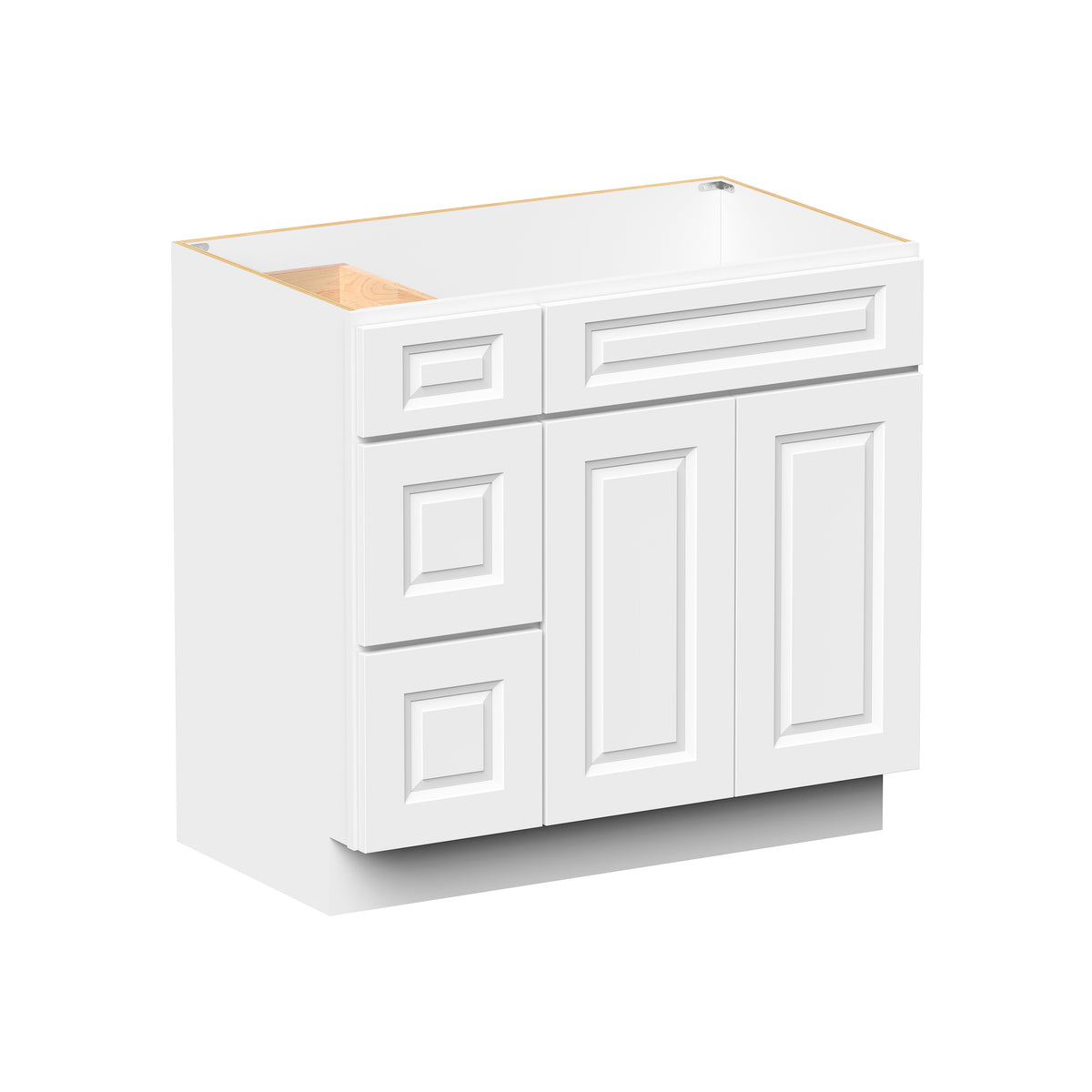 Glacier White RTA 36"W x 21"D x 34.5"H Vanity Base Cabinet with 2 Doors and 2 Left Drawers