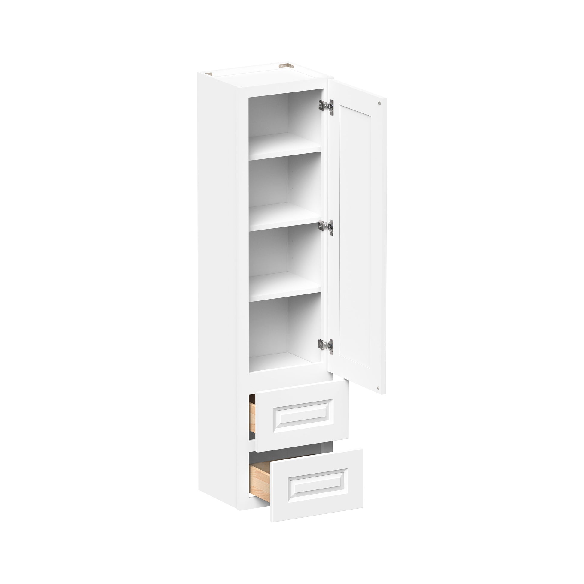 Glacier White RTA 15"W x 12"D x 60"H On-Counter Cabinet/ Counter Linen Cabinet With 1 Door, 2 Drawers & 4 Shelves