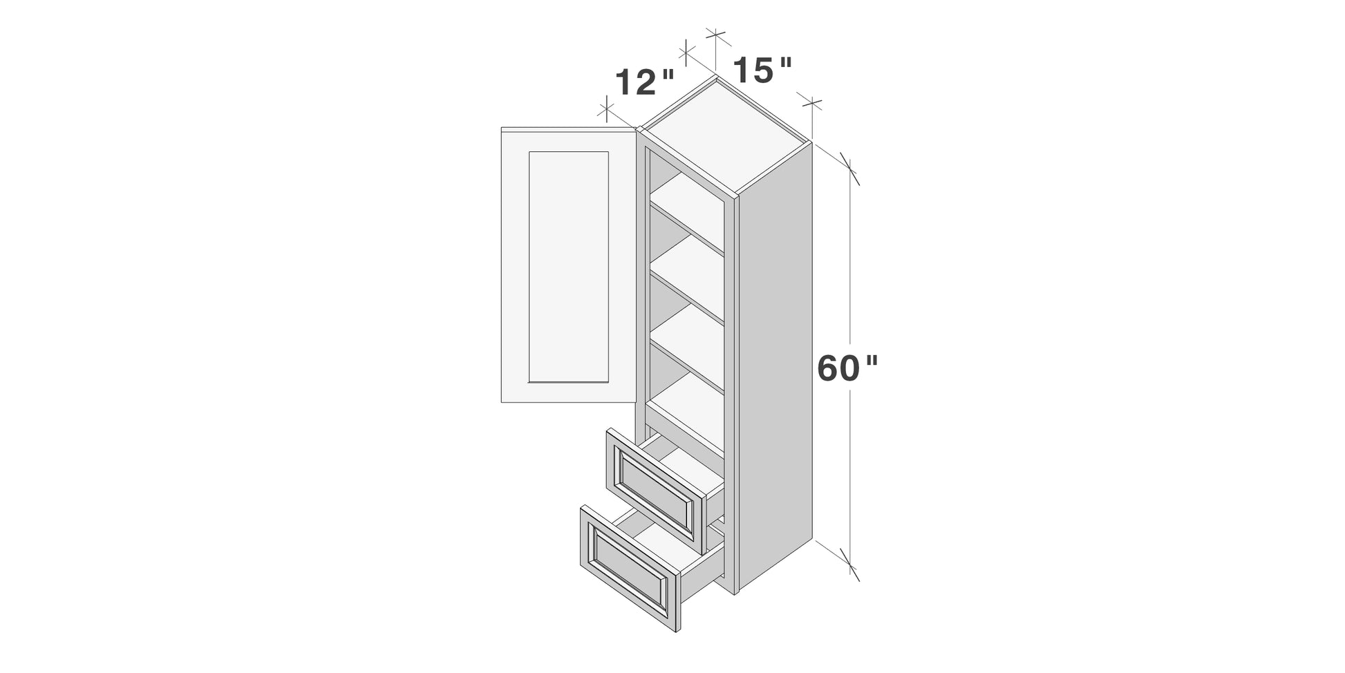 Glacier White RTA 15"W x 12"D x 60"H On-Counter Cabinet/ Counter Linen Cabinet With 1 Door, 2 Drawers & 4 Shelves