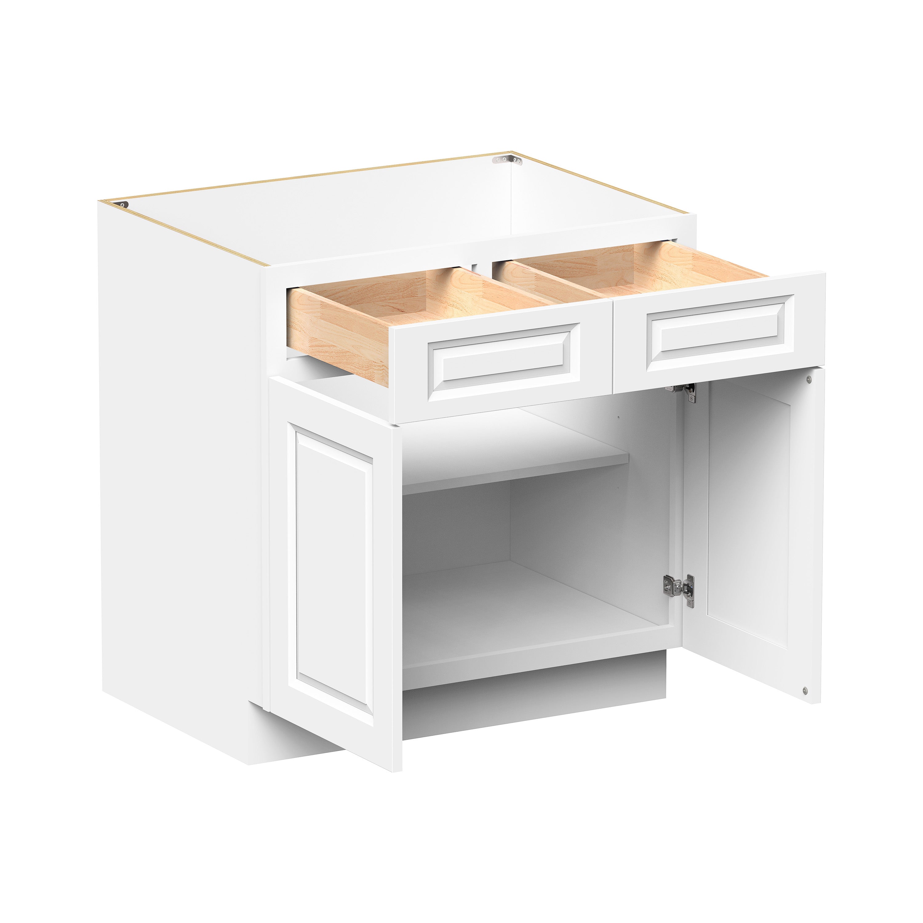 Glacier White RTA 33"-42"W x 24"D x 34.5"H Standard Base Cabinets With 2 Doors, 2 Drawers & 1 Shelf