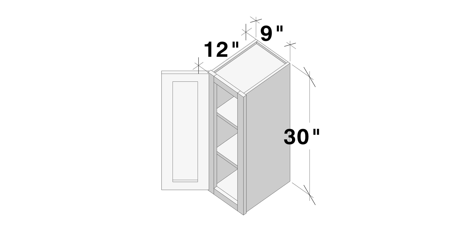Glacier White RTA 9"-21"W x 12"D x 30"/36"H Standard Wall Cabinets With 1 Door & 2 Shelves
