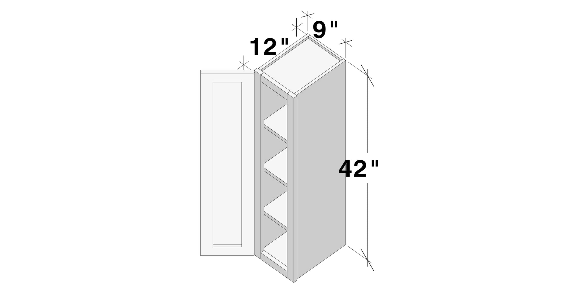 Glacier White RTA 9"-21"W x 12"D x 42"H Standard Wall Cabinets With 1 Door & 3 Shelves