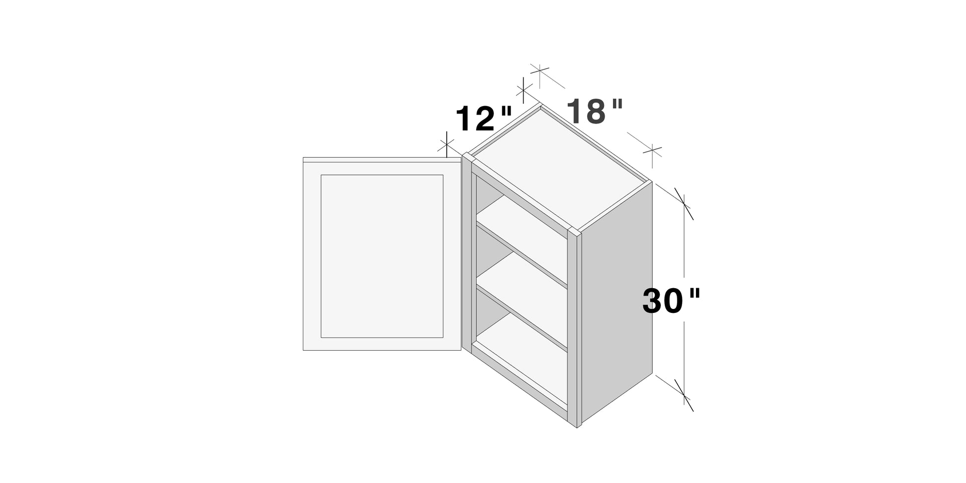 Glacier White RTA 9"-21"W x 12"D x 30"/36"H Standard Wall Cabinets With 1 Door & 2 Shelves