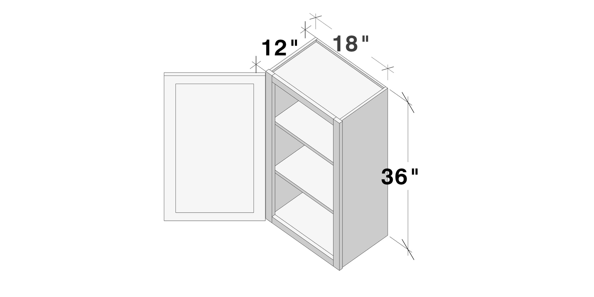 Glacier White RTA 9"-21"W x 12"D x 30"/36"H Standard Wall Cabinets With 1 Door & 2 Shelves