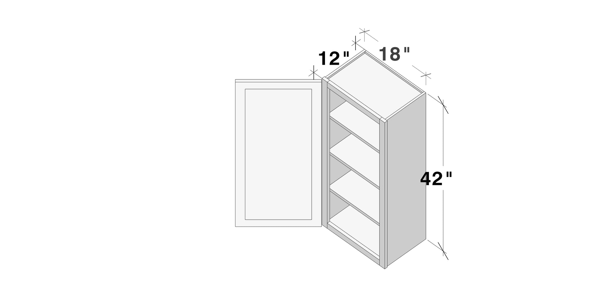 Glacier White RTA 9"-21"W x 12"D x 42"H Standard Wall Cabinets With 1 Door & 3 Shelves