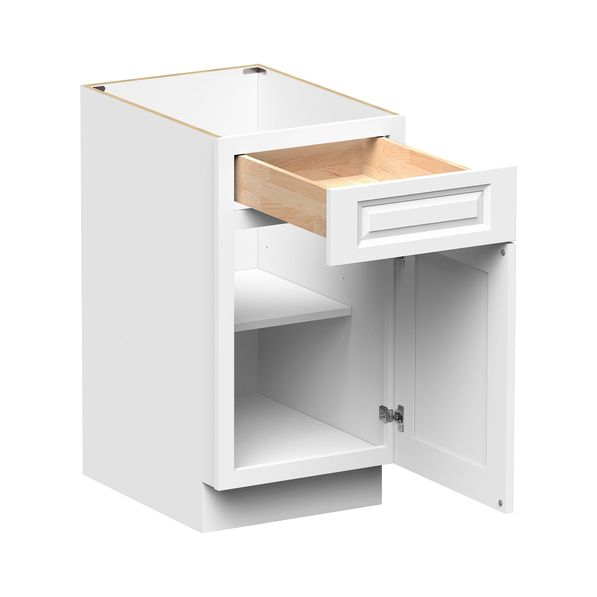 Glacier White RTA 12"-21"W x 24"D x 34.5"H Standard Base Cabinets With 1 Door, 1 Drawer & 1 Shelf