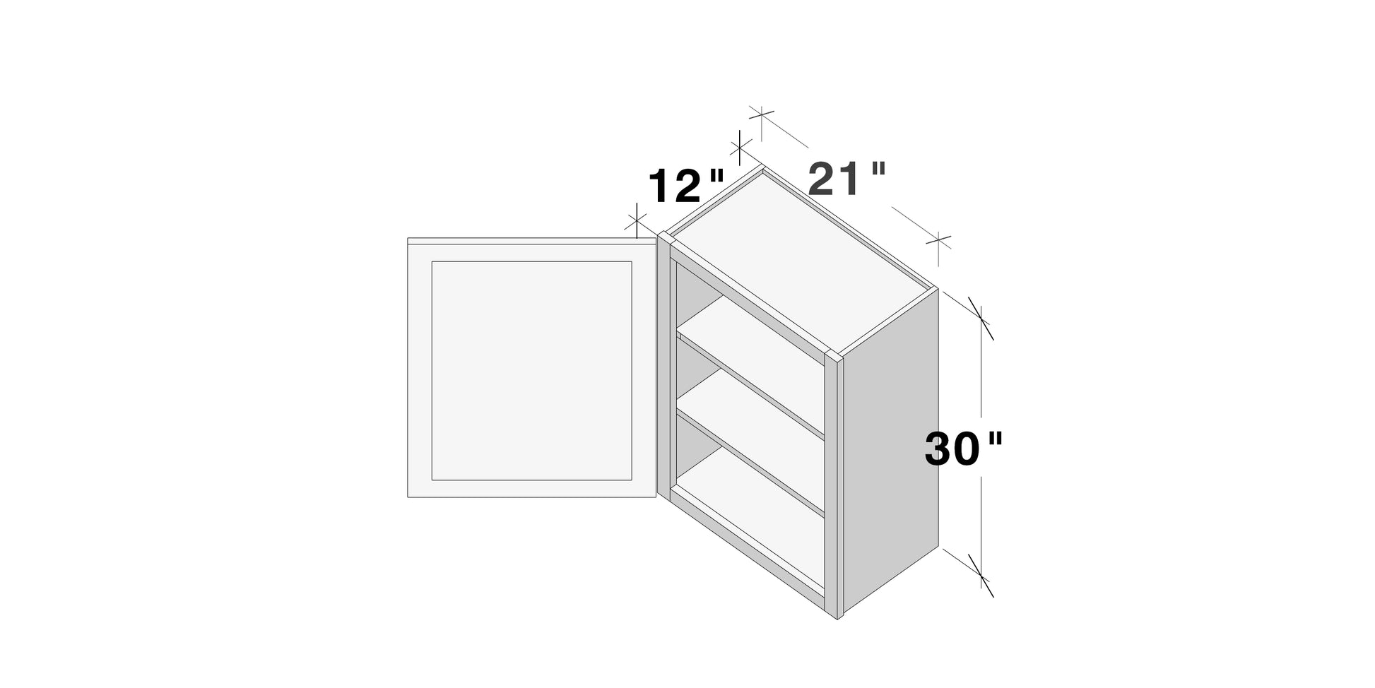 Glacier White RTA 9"-21"W x 12"D x 30"/36"H Standard Wall Cabinets With 1 Door & 2 Shelves