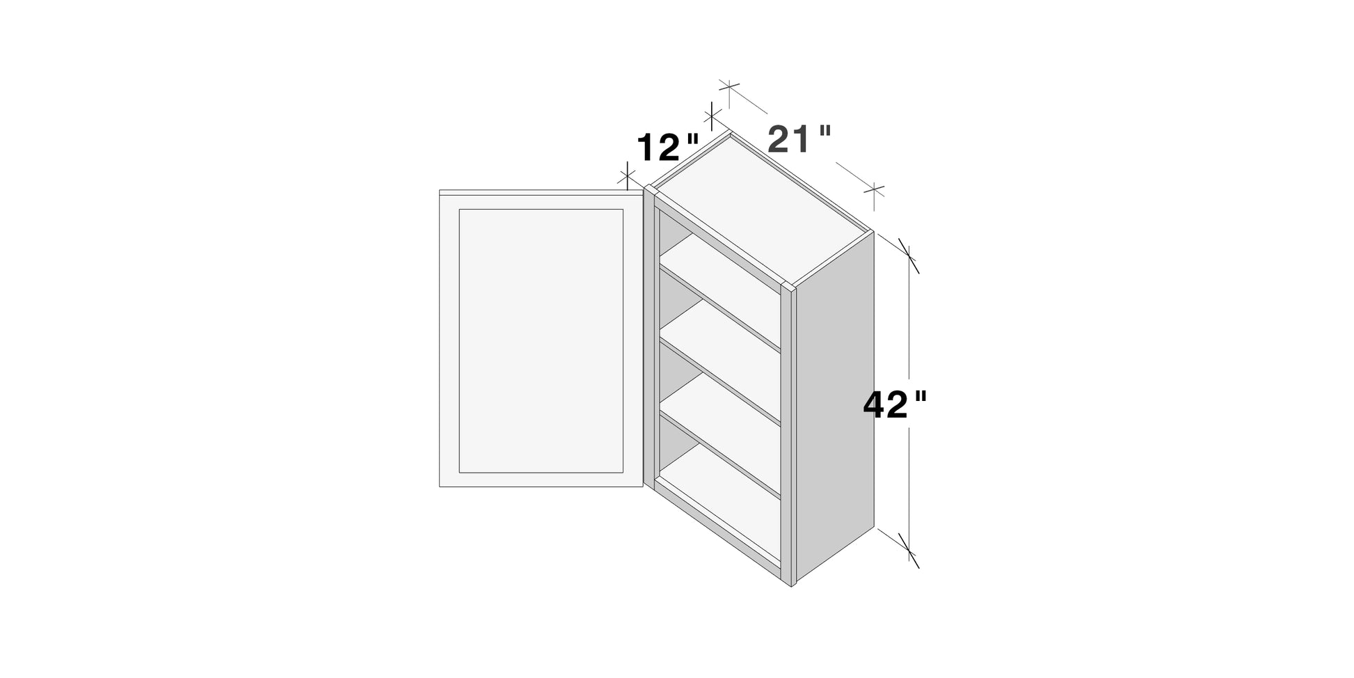Glacier White RTA 9"-21"W x 12"D x 42"H Standard Wall Cabinets With 1 Door & 3 Shelves