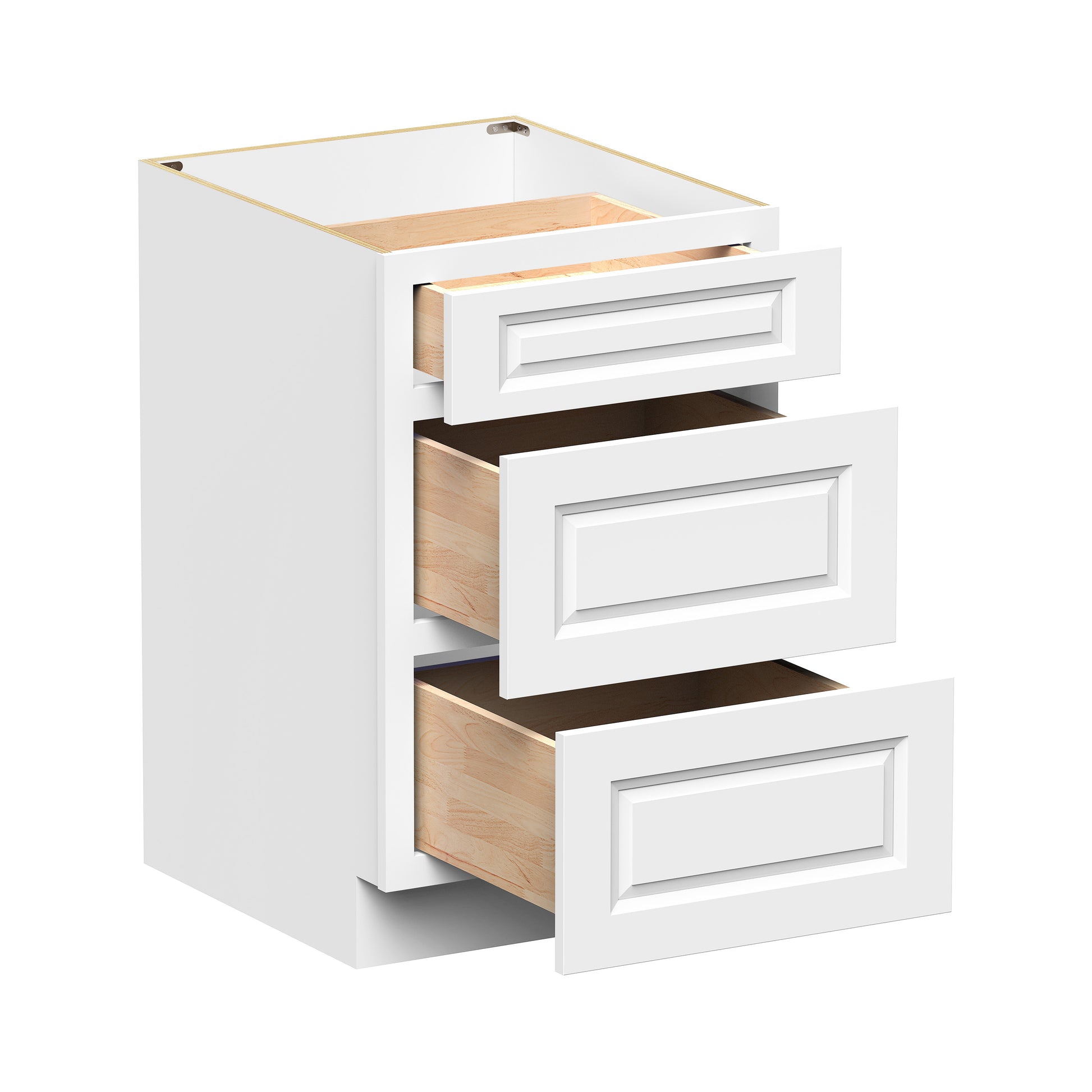 Glacier White RTA 12"-36"W x 24"D x 34.5"H Drawer Base Cabinets With 3 Drawers