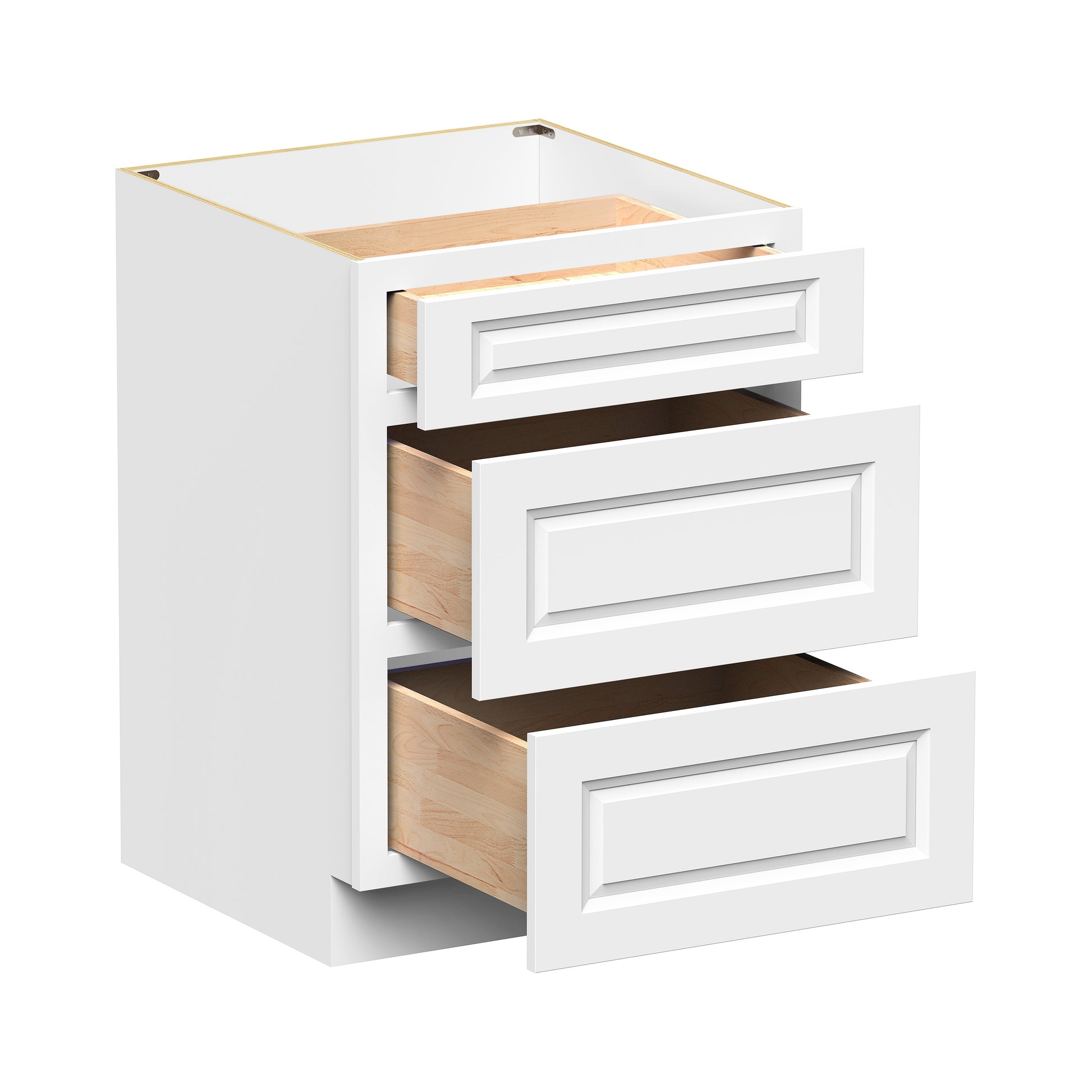 Glacier White RTA 12"-36"W x 24"D x 34.5"H Drawer Base Cabinets With 3 Drawers