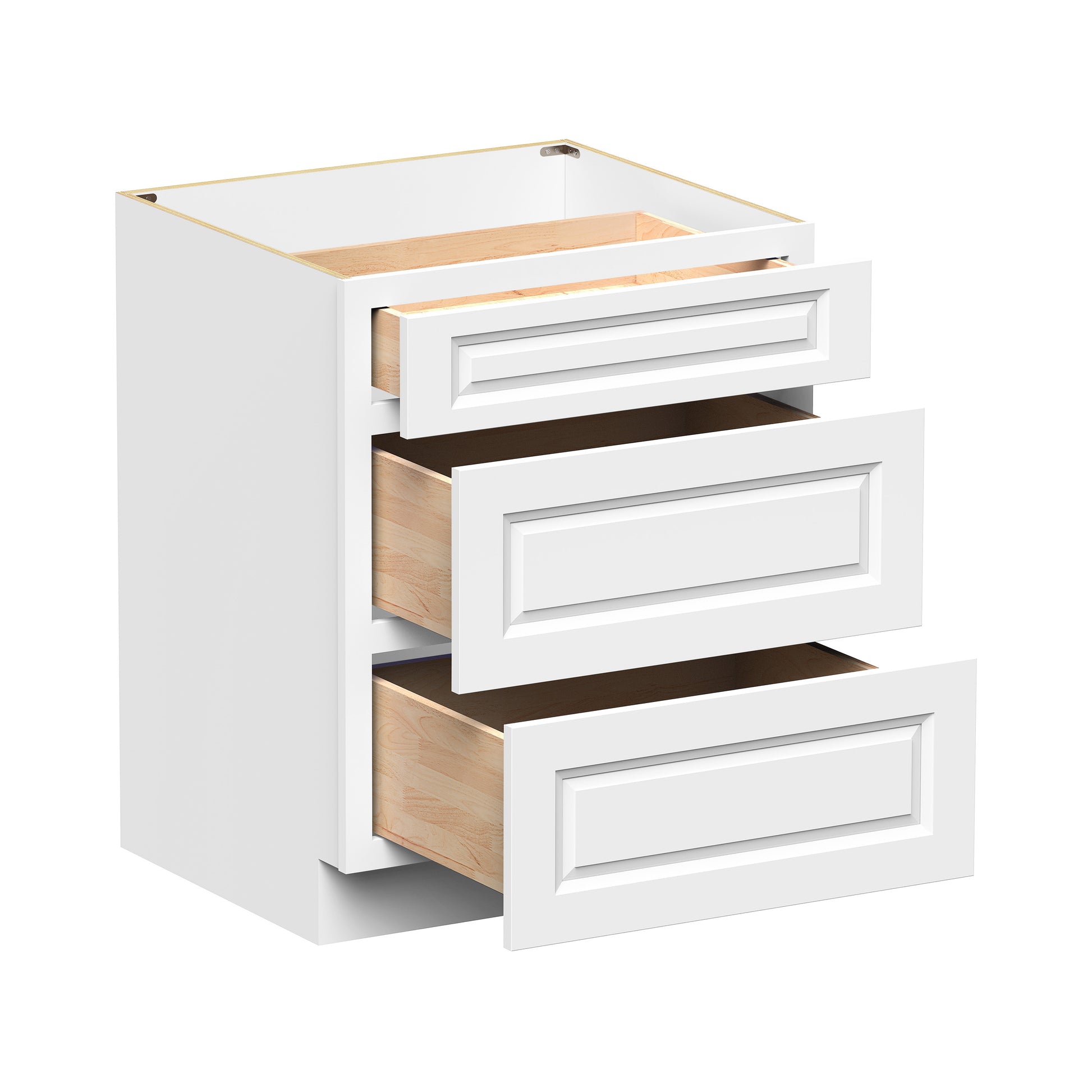 Glacier White RTA 12"-36"W x 24"D x 34.5"H Drawer Base Cabinets With 3 Drawers