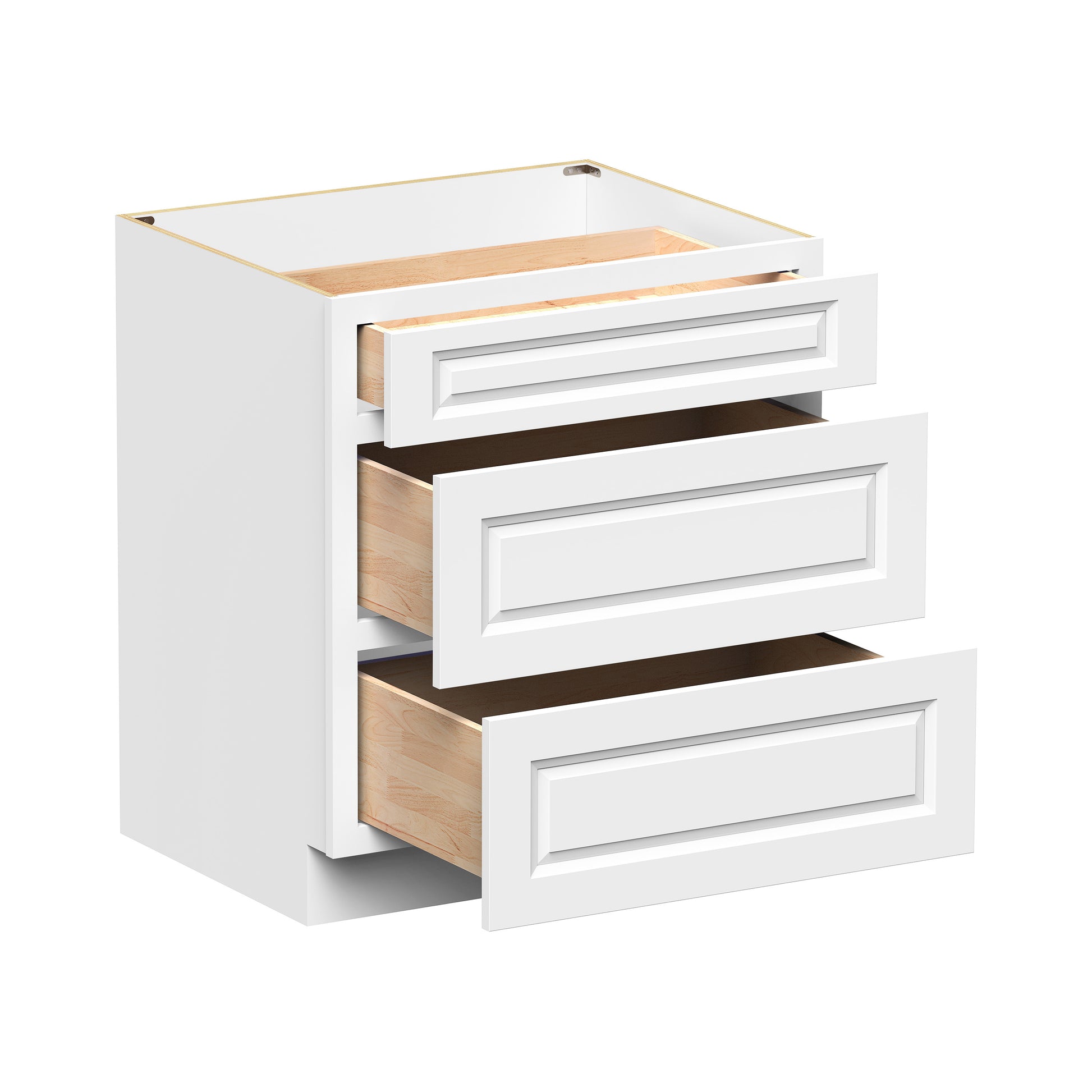 Glacier White RTA 12"-36"W x 24"D x 34.5"H Drawer Base Cabinets With 3 Drawers
