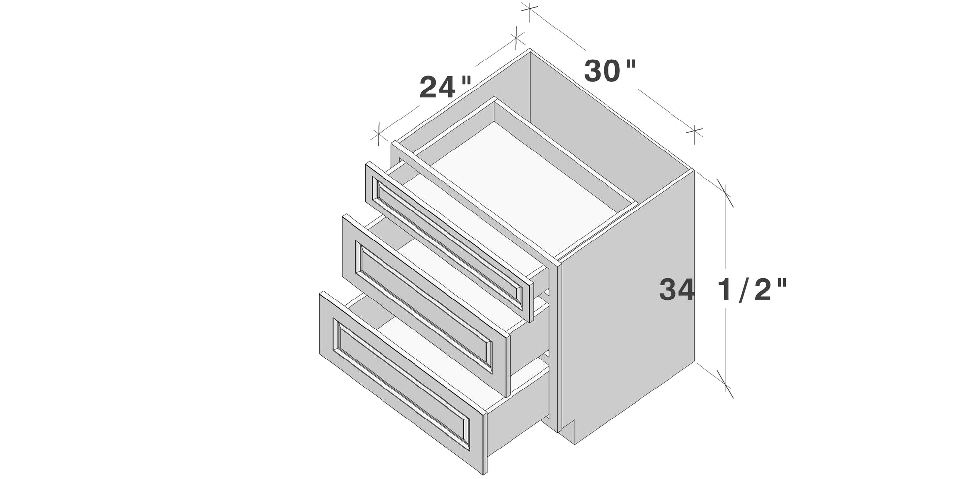 Glacier White RTA 12"-36"W x 24"D x 34.5"H Drawer Base Cabinets With 3 Drawers