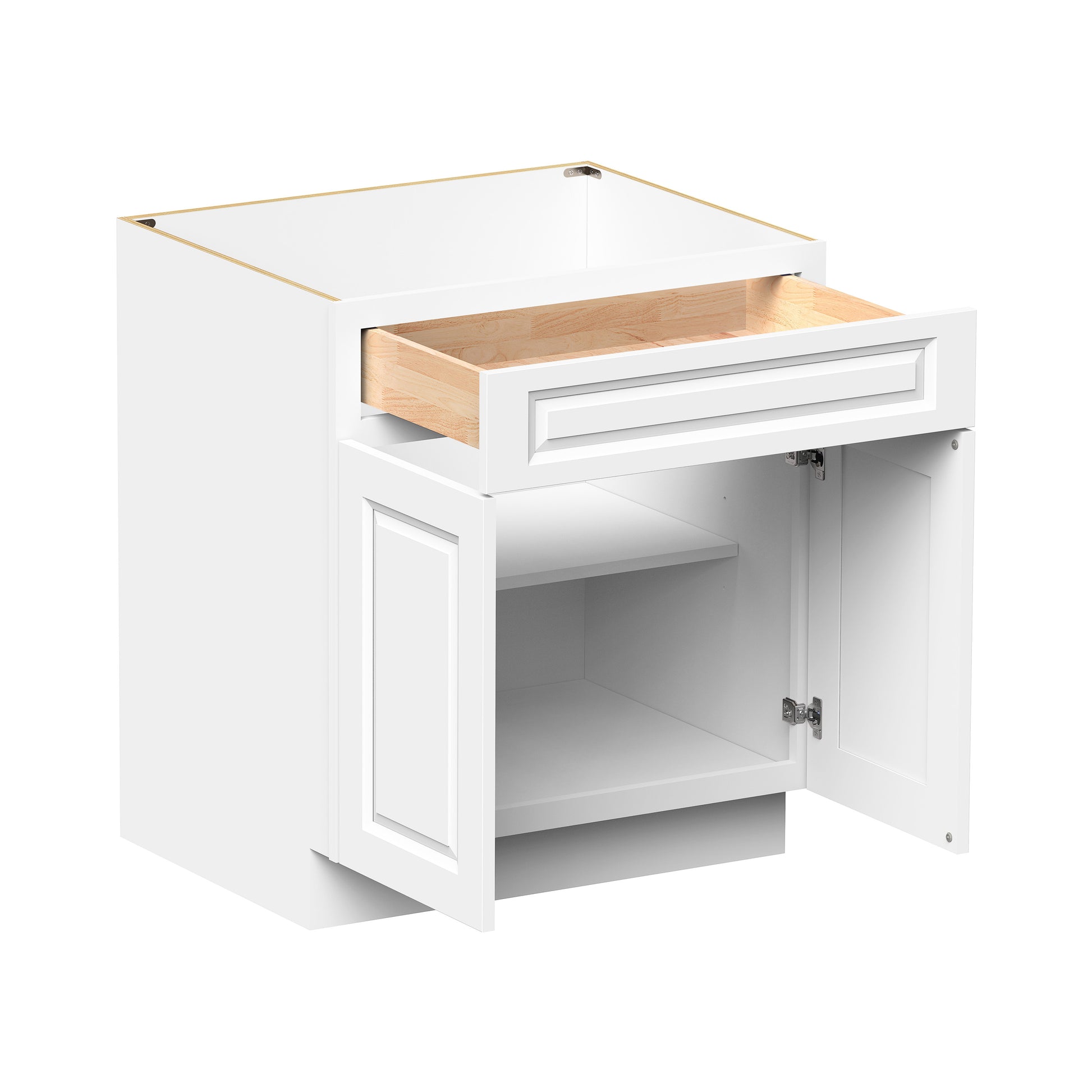 Glacier White RTA 24"-30"W x 24"D x 34.5"H Standard Base Cabinets With 2 Doors, 1 Drawer & 1 Shelf