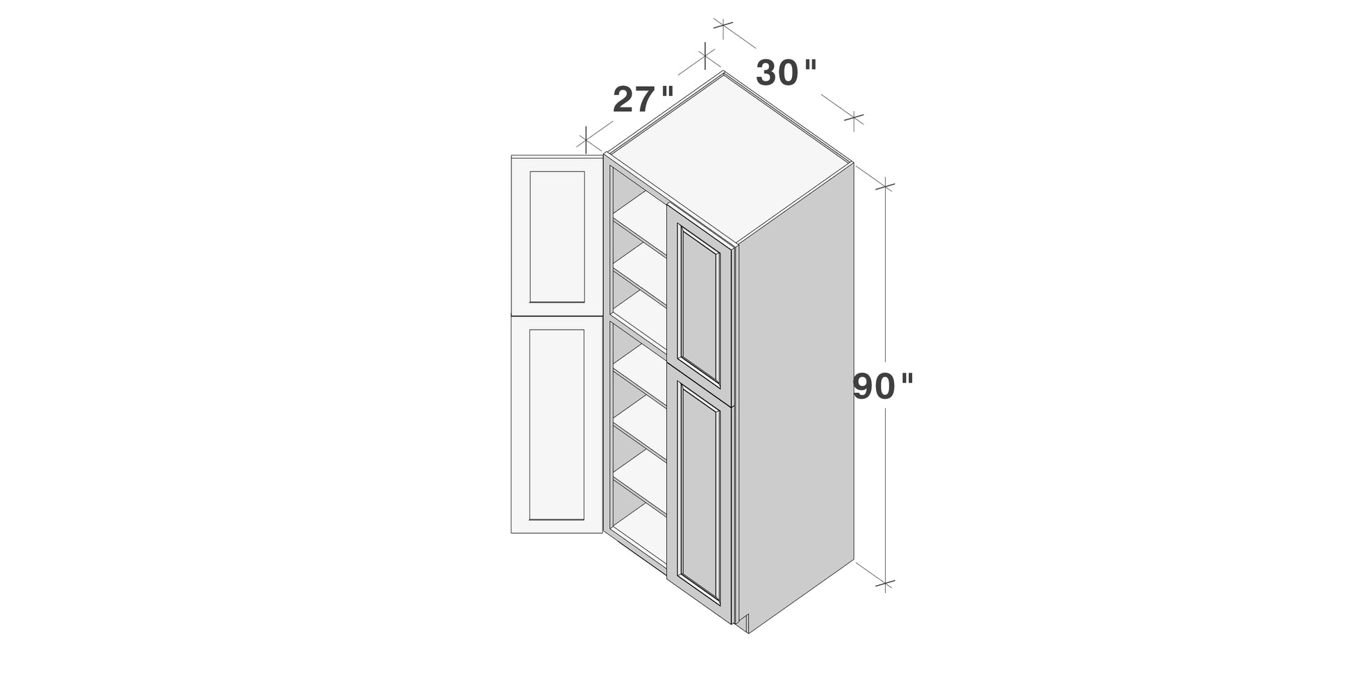 Glacier White RTA 24"/30"W x 27"D x 84"/90"H Pantry Tall Cabinet With 4 Doors & 4 Shelves