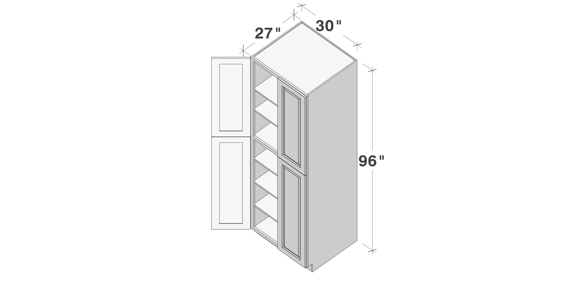 Glacier White RTA 24"/30"W x 27"D x 96"H Pantry Tall Cabinet With 4 Doors & 5 Shelves