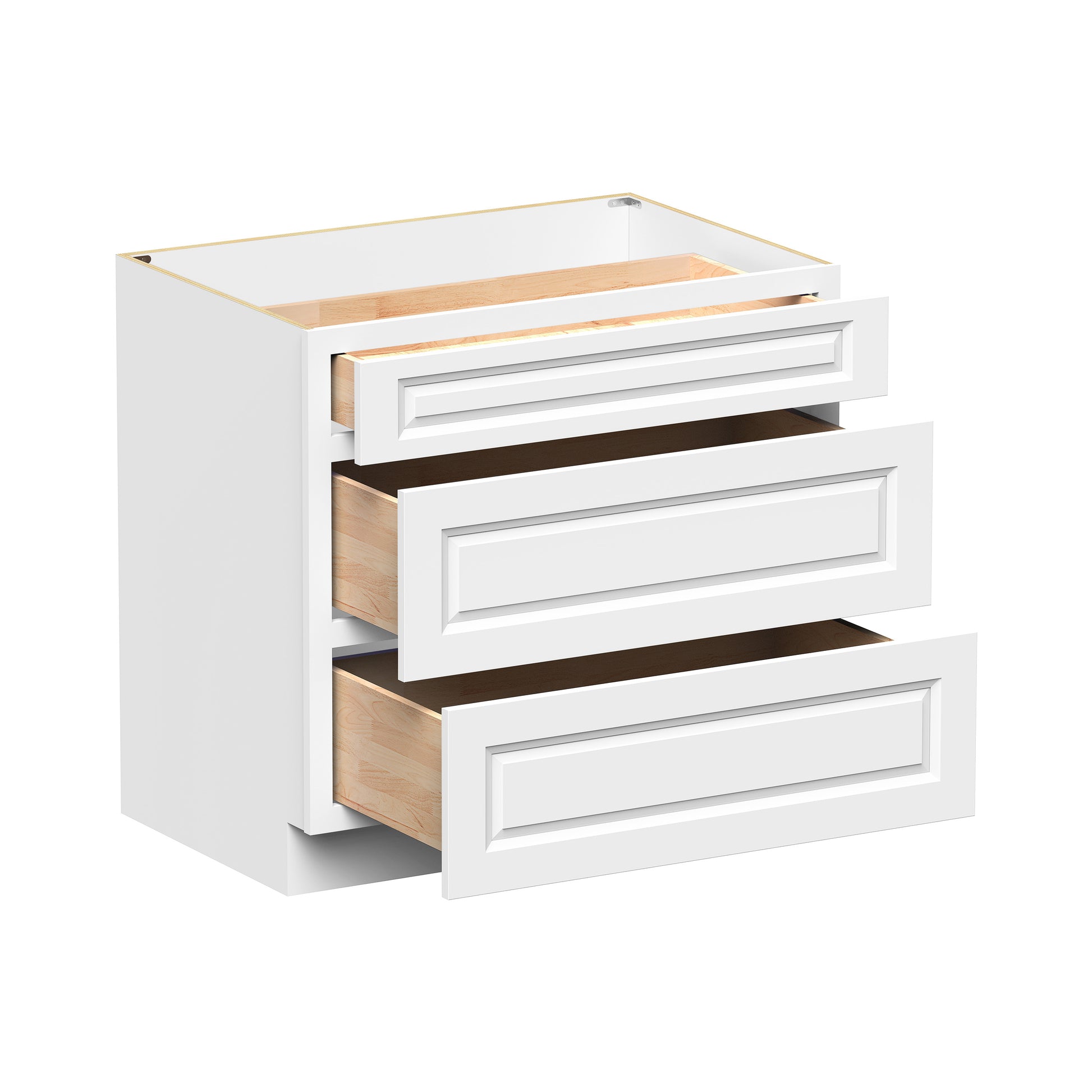 Glacier White RTA 12"-36"W x 24"D x 34.5"H Drawer Base Cabinets With 3 Drawers