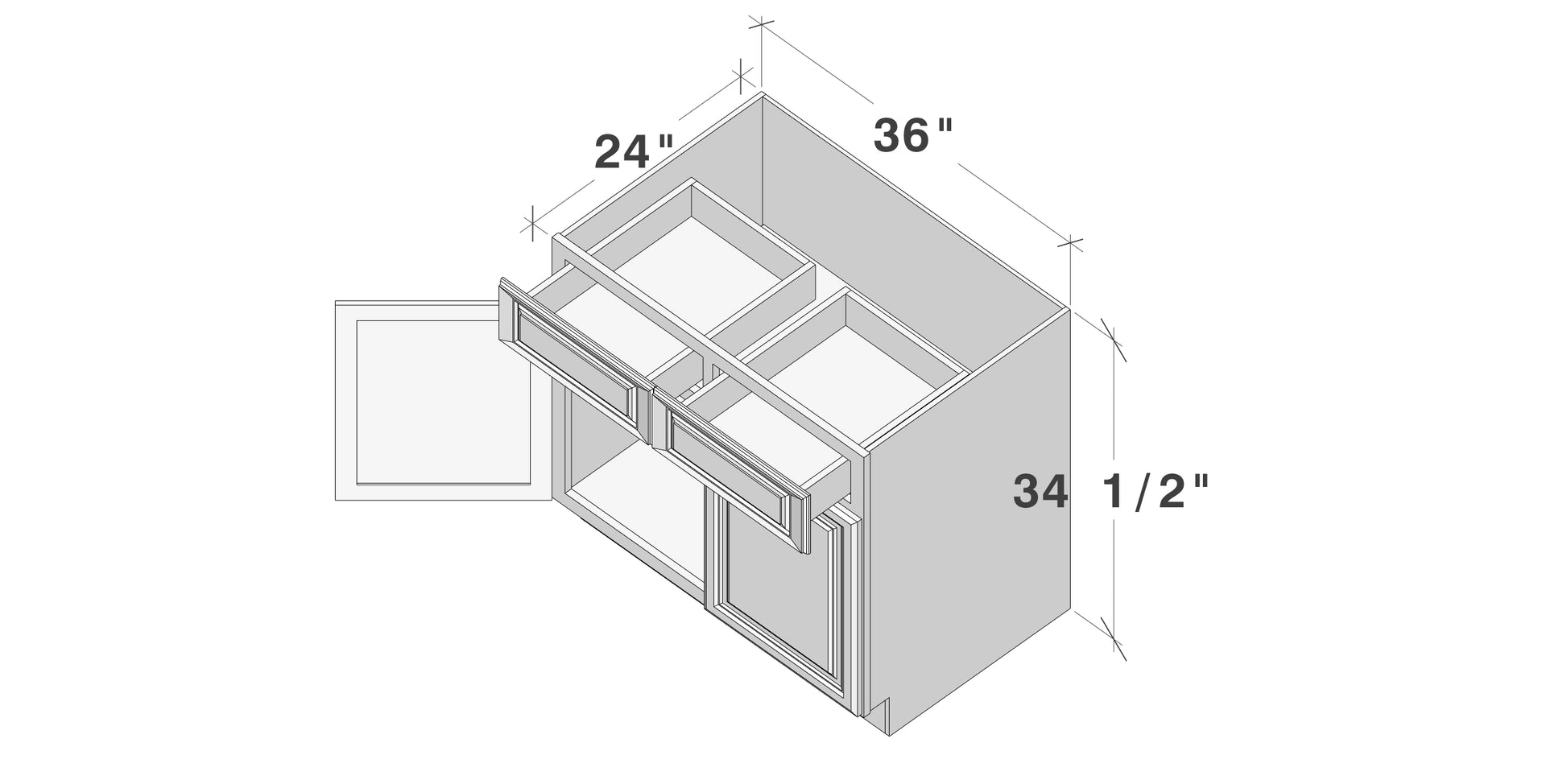 Glacier White RTA 33"-42"W x 24"D x 34.5"H Standard Base Cabinets With 2 Doors, 2 Drawers & 1 Shelf
