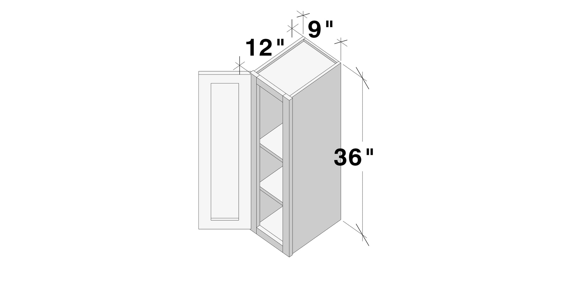Glacier White RTA 9"-21"W x 12"D x 30"/36"H Standard Wall Cabinets With 1 Door & 2 Shelves