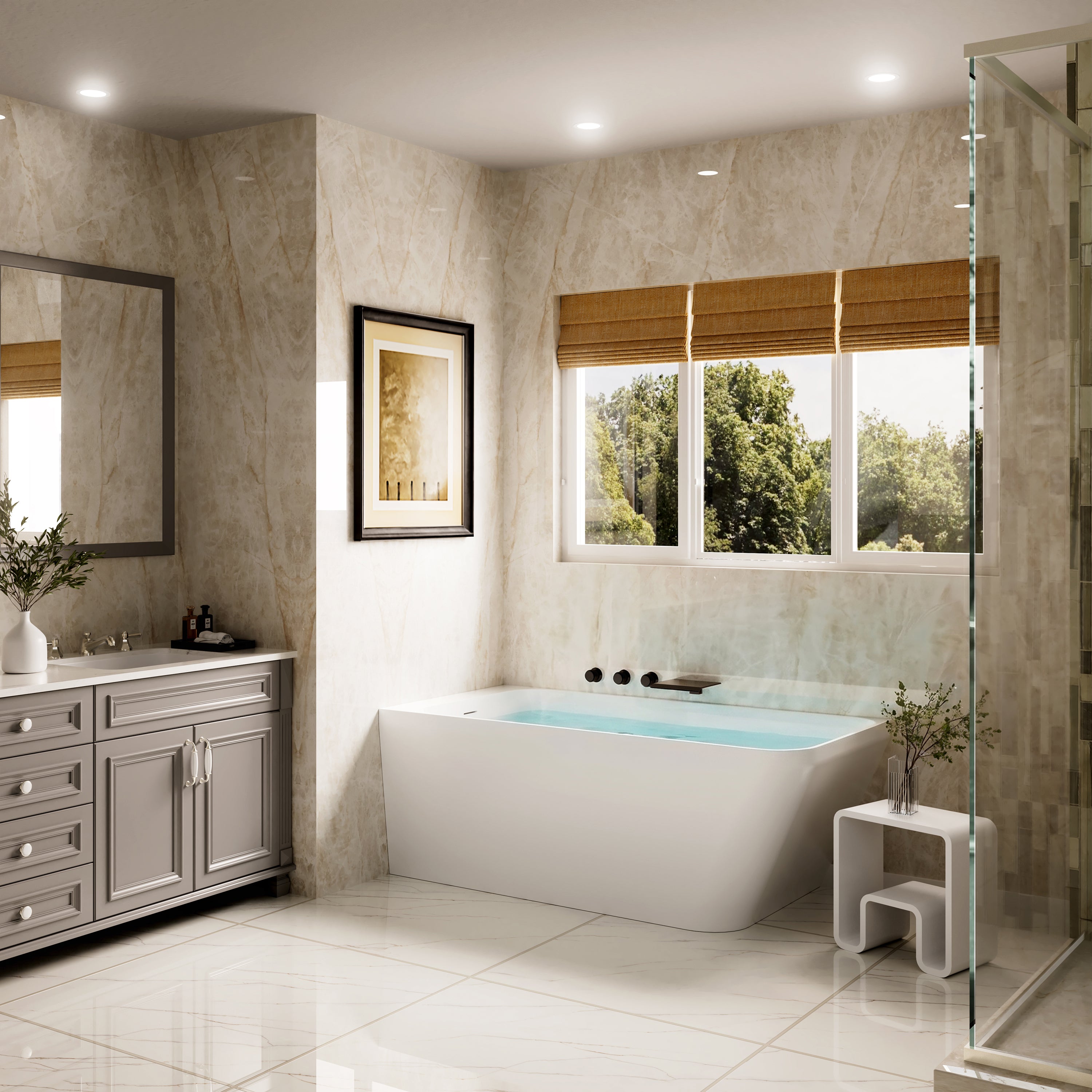 59" Alcove Solid Surface Soaking Bathtub with Left Overflow and Drain