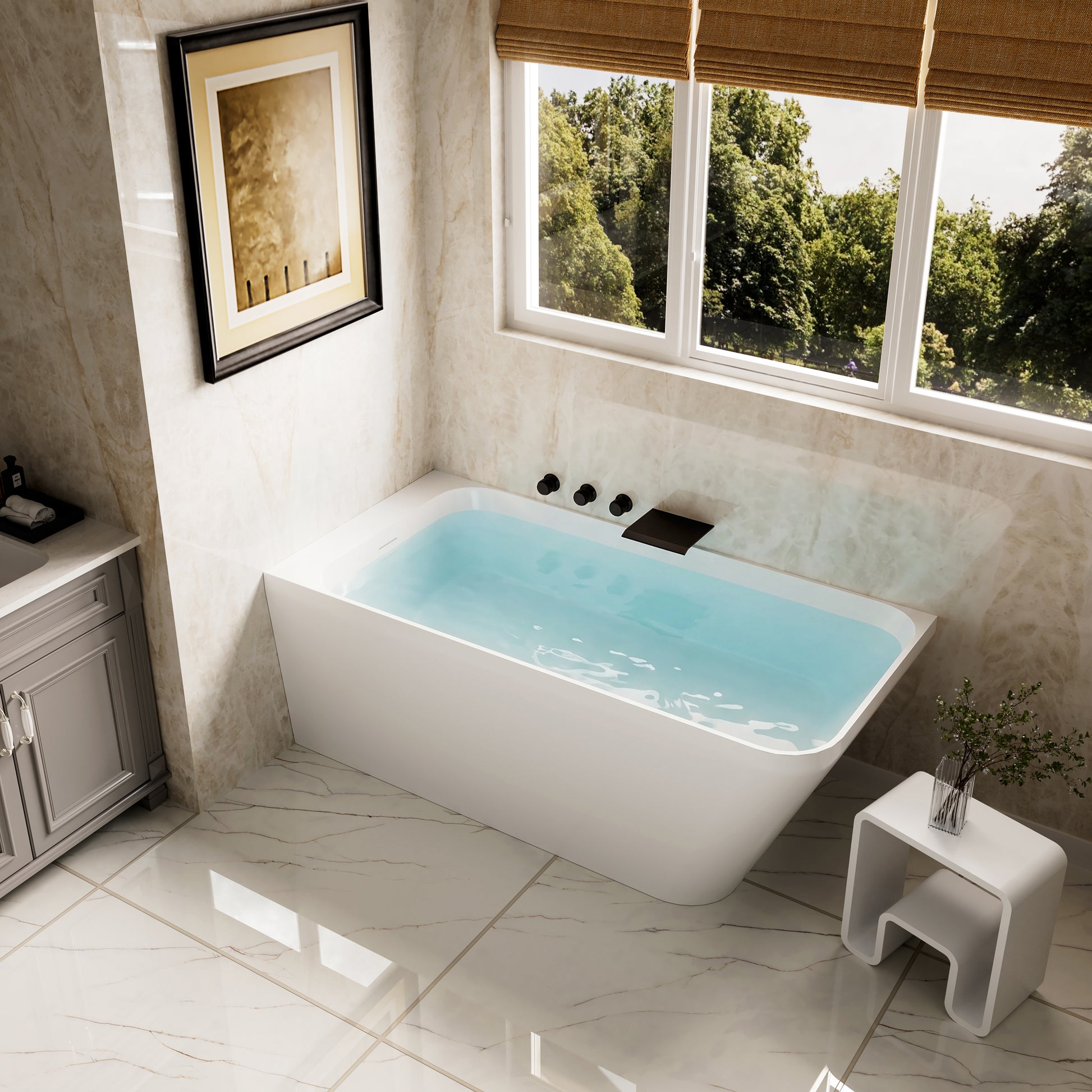 59" Alcove Solid Surface Soaking Bathtub with Left Overflow and Drain