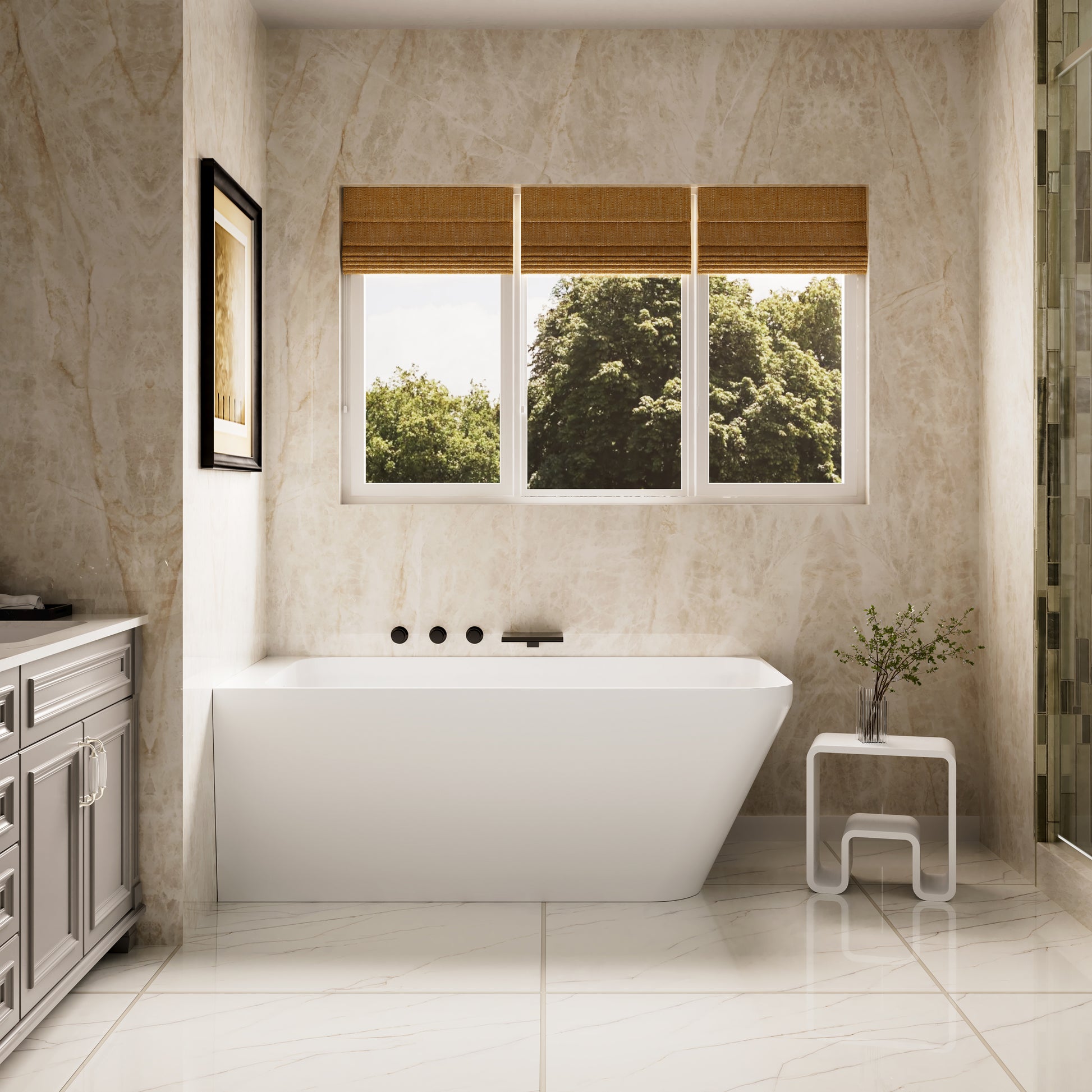 59" Alcove Solid Surface Soaking Bathtub with Left Overflow and Drain