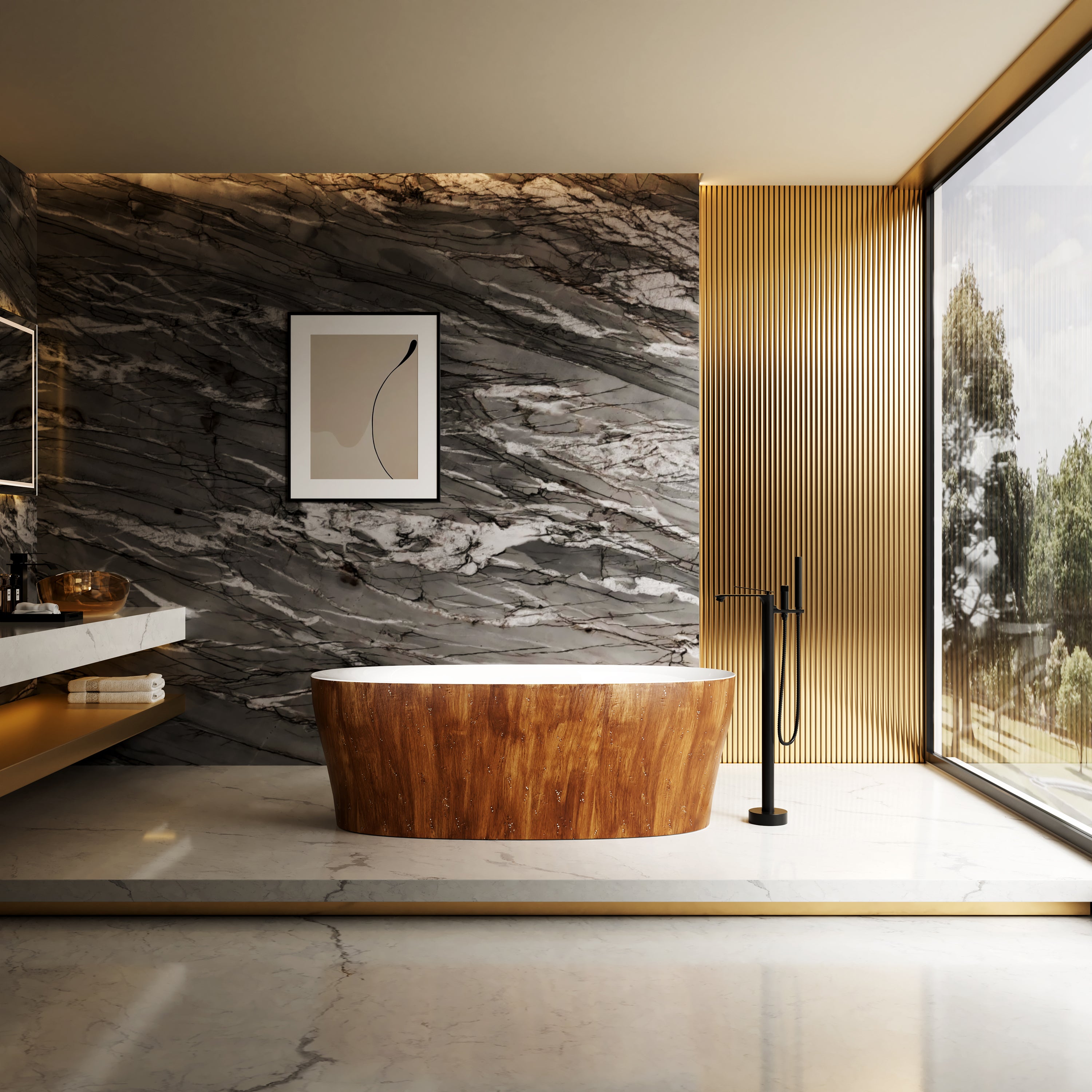 63" Wood Grain Solid Surface Freestanding Bathtub with Ergonomic Back Support - Timber
