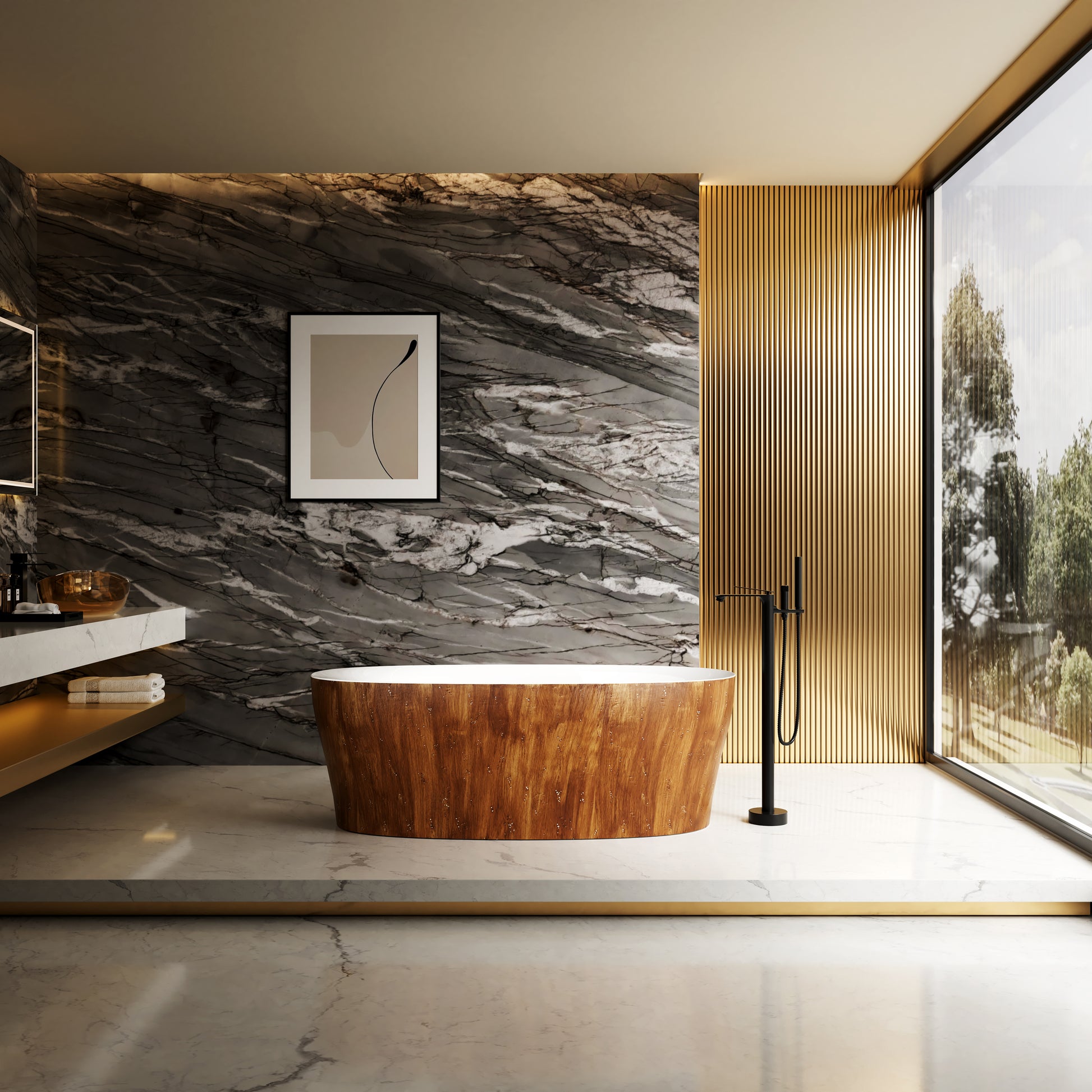 63" Wood Grain Solid Surface Freestanding Bathtub with Ergonomic Back Support - Timber