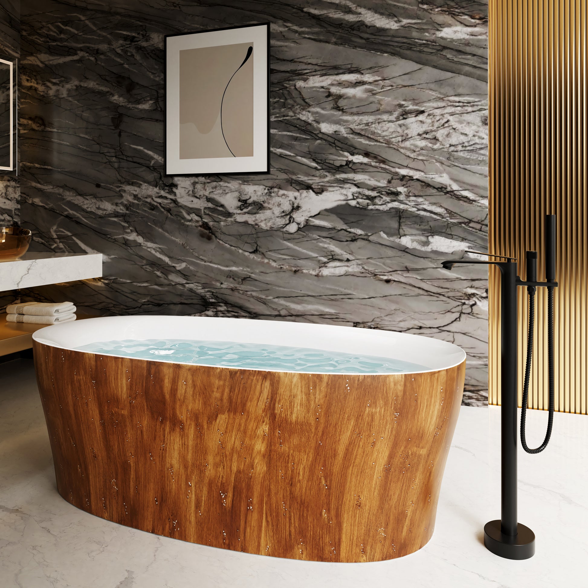 63" Wood Grain Solid Surface Freestanding Bathtub with Ergonomic Back Support - Timber