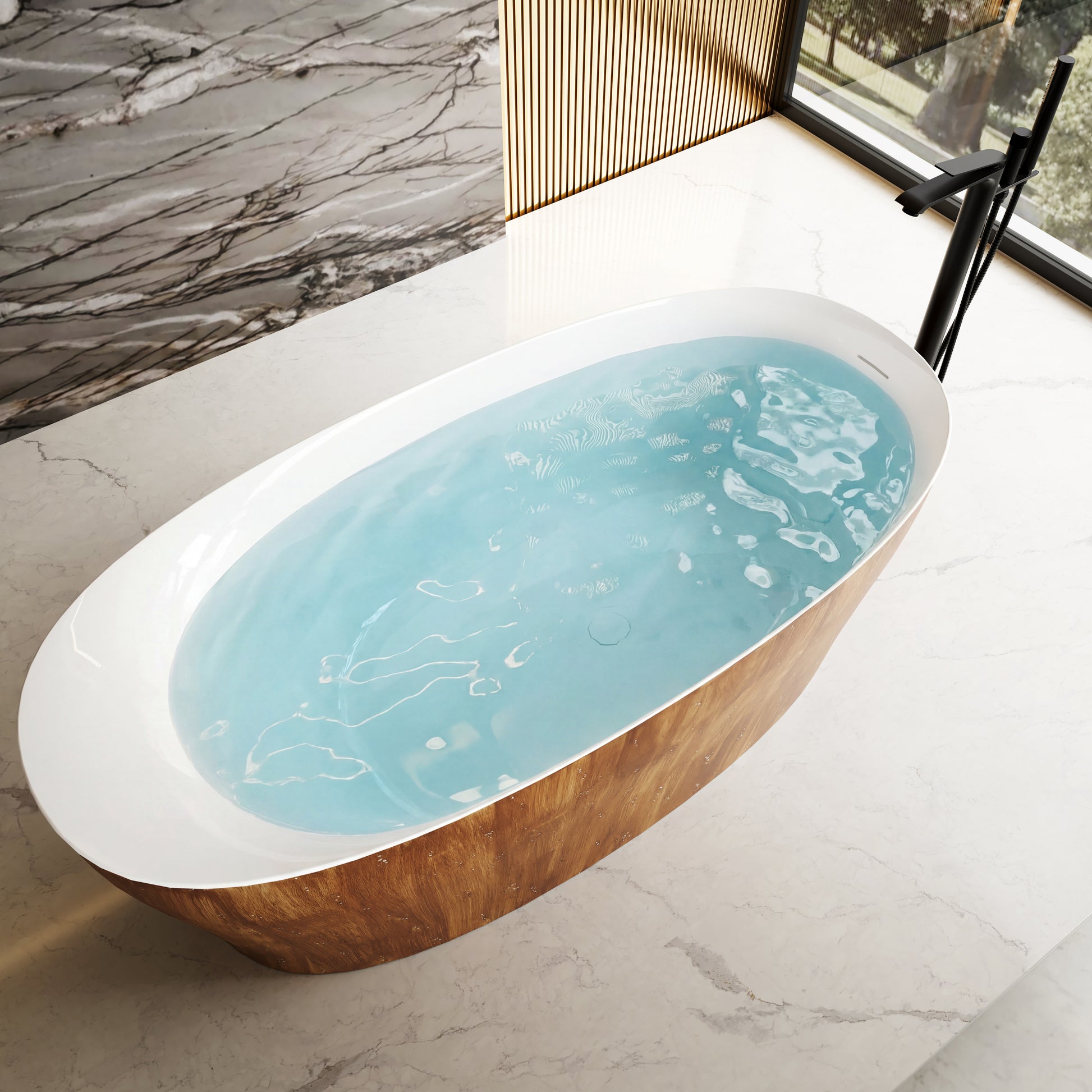63" Wood Grain Solid Surface Freestanding Bathtub with Ergonomic Back Support - Timber