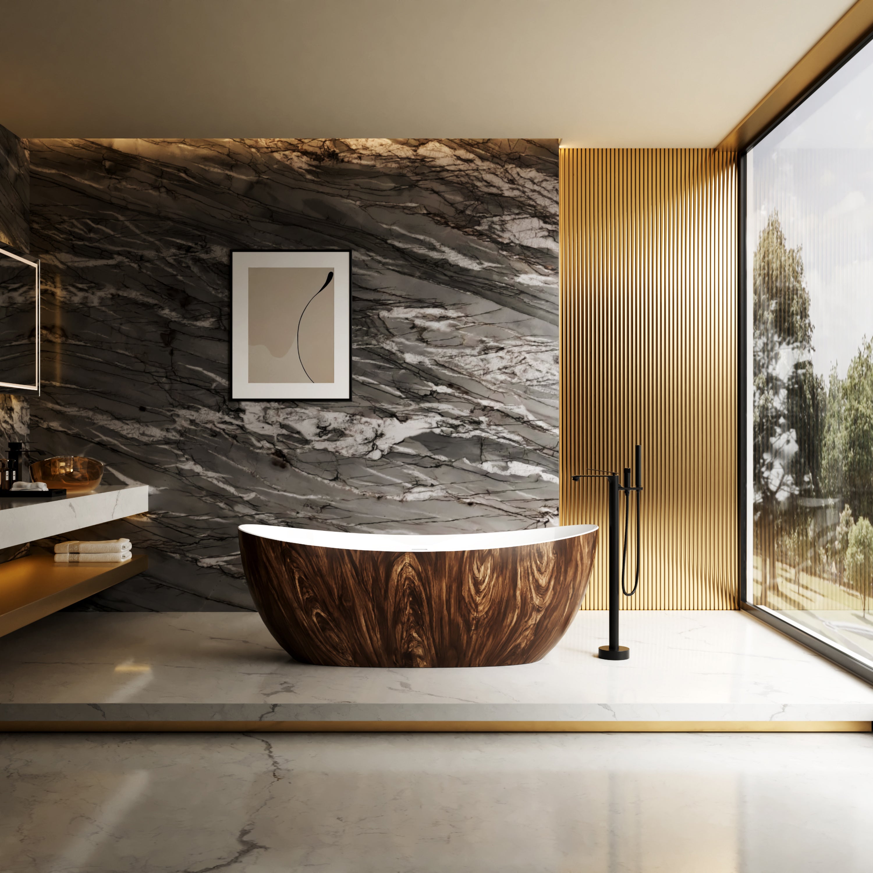 67" Crescent Solid Surface Freestanding Bathtub with Wood Grain Exterior - Timber