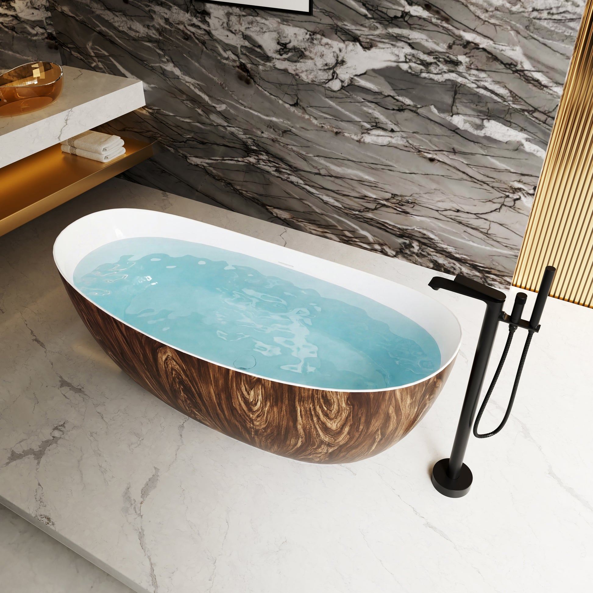 67" Crescent Solid Surface Freestanding Bathtub with Wood Grain Exterior - Timber