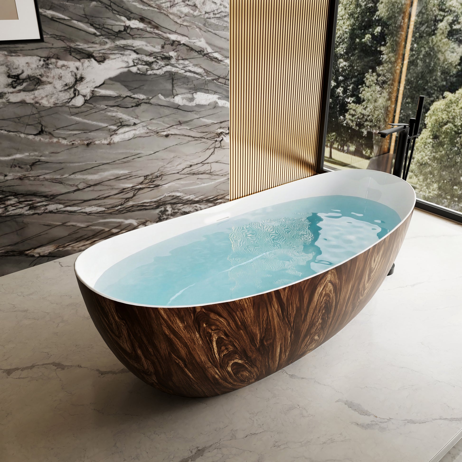 67" Crescent Solid Surface Freestanding Bathtub with Wood Grain Exterior - Timber